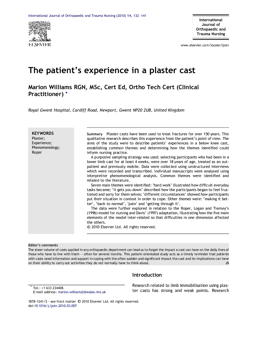 The patient’s experience in a plaster cast