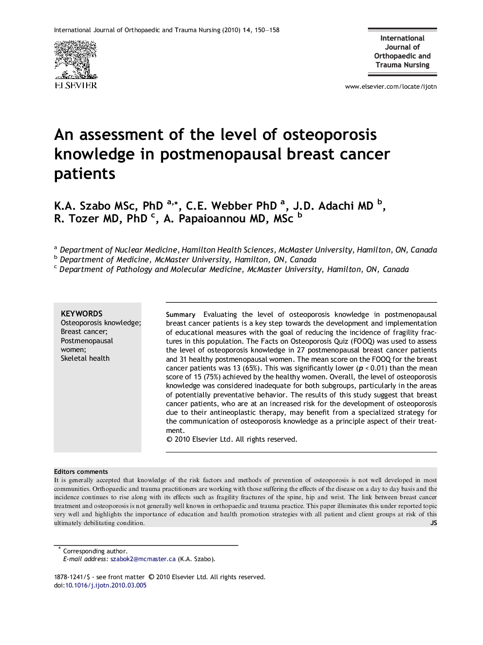 An assessment of the level of osteoporosis knowledge in postmenopausal breast cancer patients