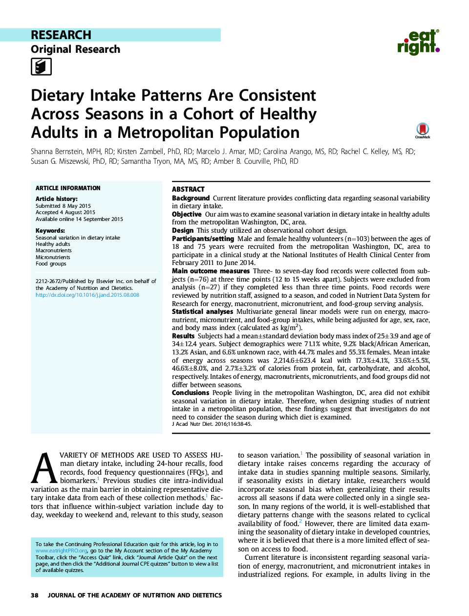 Dietary Intake Patterns Are Consistent Across Seasons in a Cohort of Healthy Adults in a Metropolitan Population 