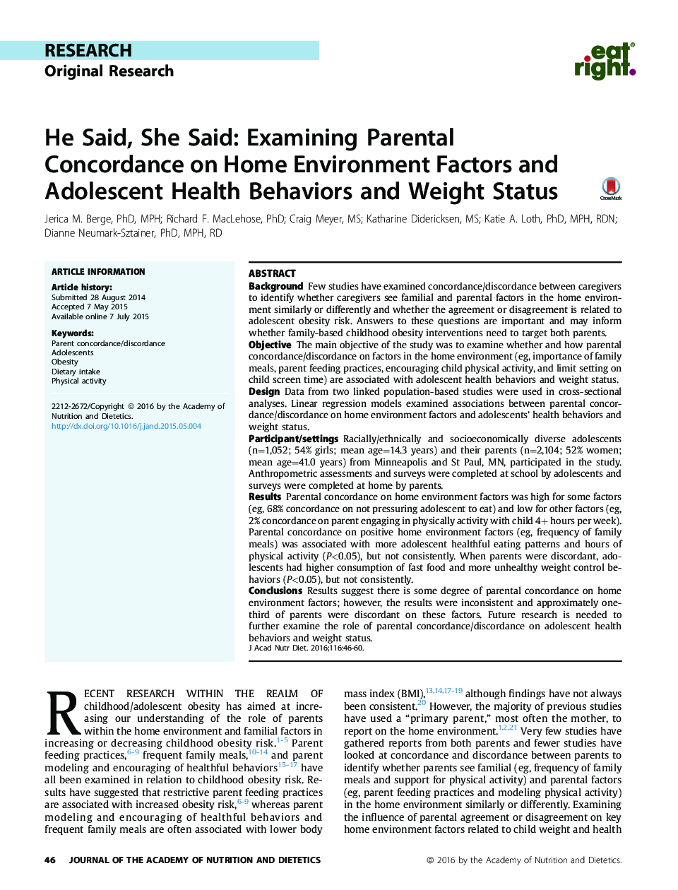 He Said, She Said: Examining Parental Concordance on Home Environment Factors and Adolescent Health Behaviors and Weight Status 