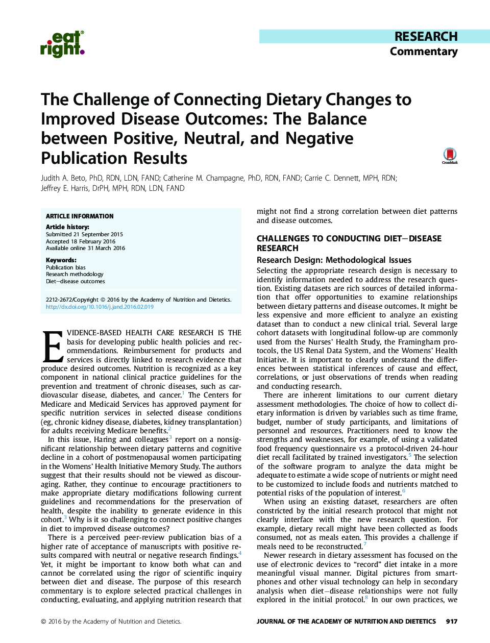 The Challenge of Connecting Dietary Changes to Improved Disease Outcomes: The Balance between Positive, Neutral, and Negative Publication Results