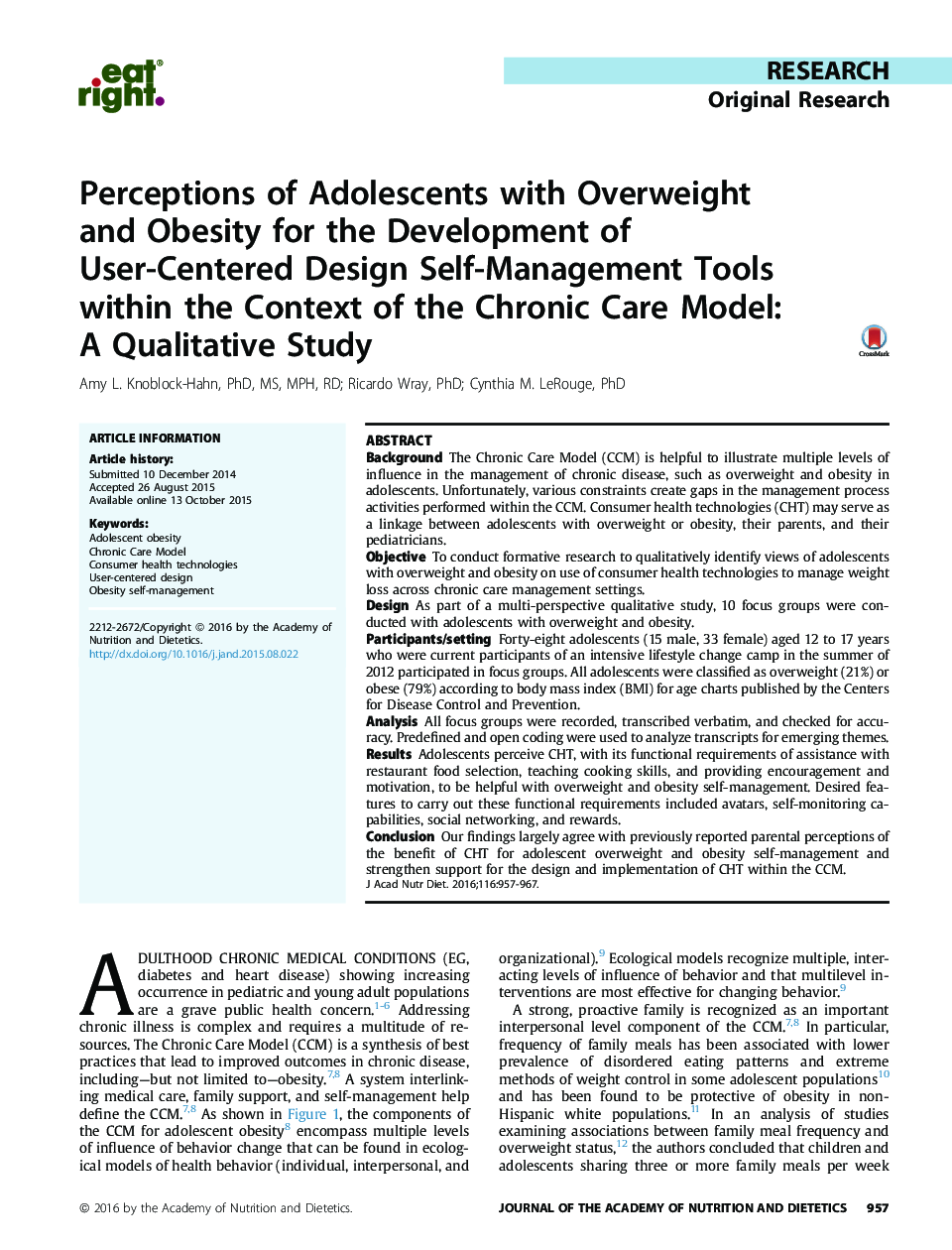 ادراک نوجوانان با اضافه وزن و چاقی برای توسعه ابزارهای خودمراقبتی طراحی کاربرمحور در قالب مدل مراقبت های مزمن: یک مطالعه کیفی