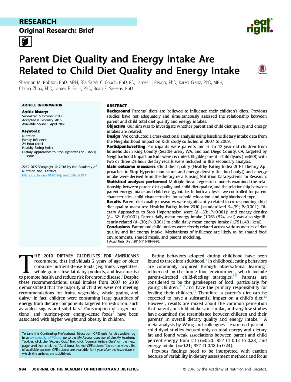 کیفیت غذای والدین و مصرف انرژی مربوط به کیفیت غذای کودک و مصرف انرژی است