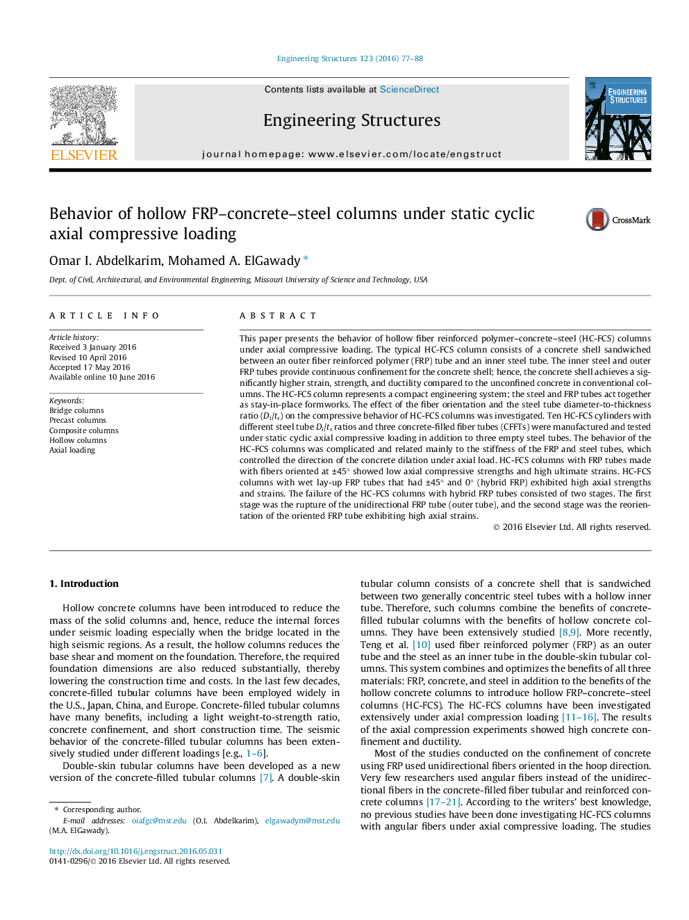 Behavior of hollow FRP–concrete–steel columns under static cyclic axial compressive loading