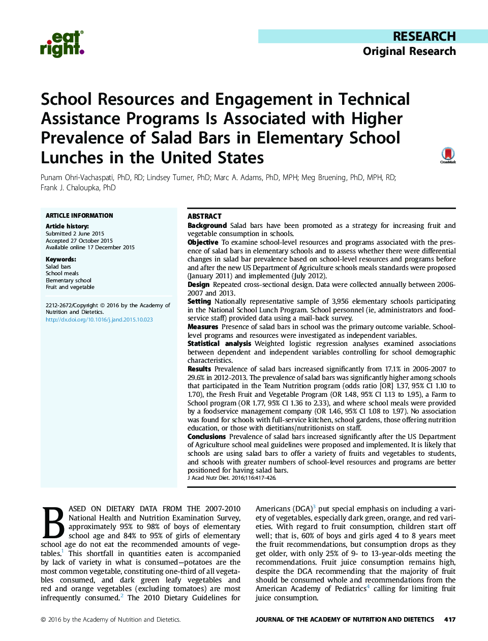 School Resources and Engagement in Technical Assistance Programs Is Associated with Higher Prevalence of Salad Bars in Elementary School Lunches in the United States 