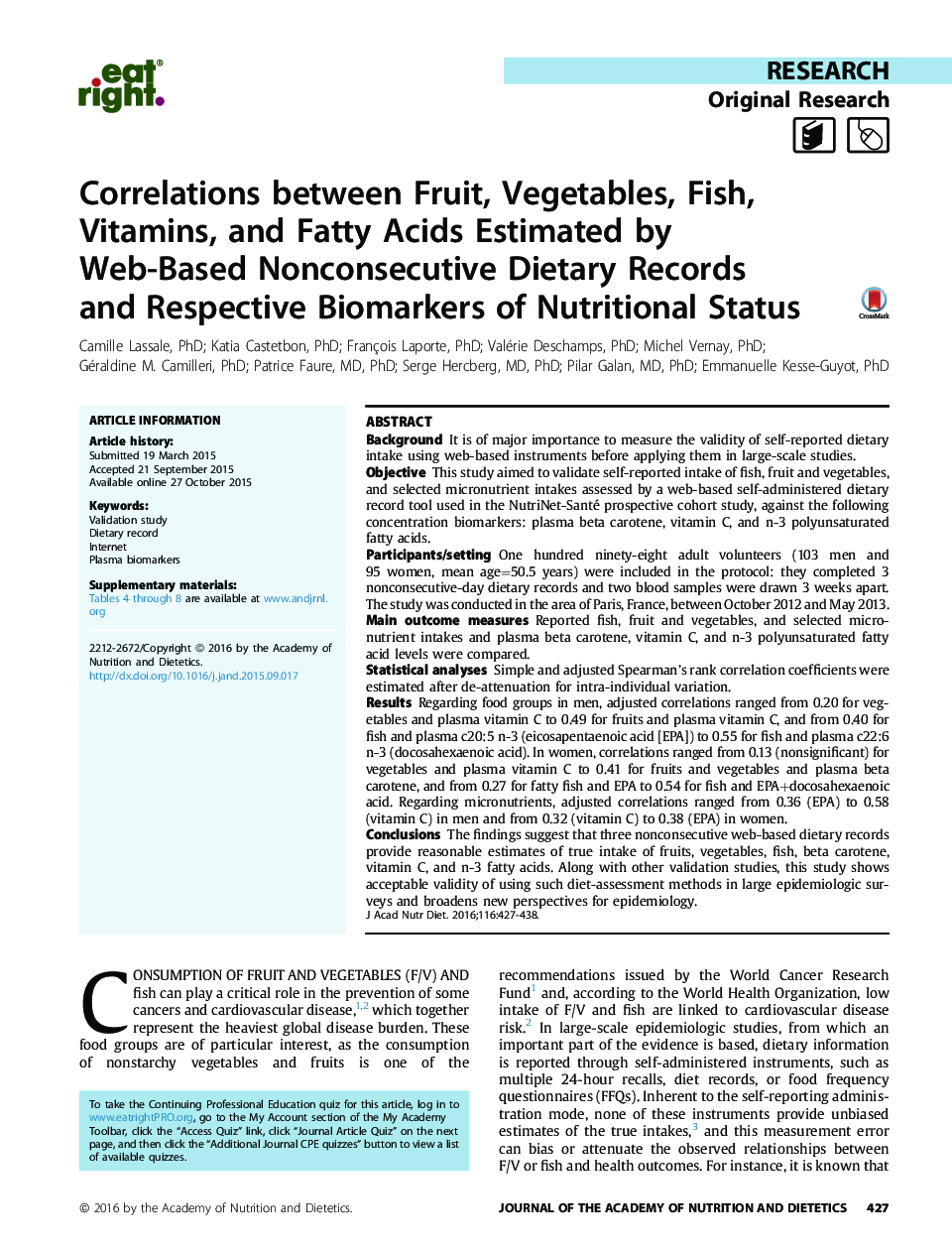 همبستگی میان میوه ها، سبزیجات، ماهی، ویتامین ها، و اسید های چرب براساس گزارش های غیر متقابل رژیم های وب و بیومارکرهای مربوط به وضعیت تغذیه ای 