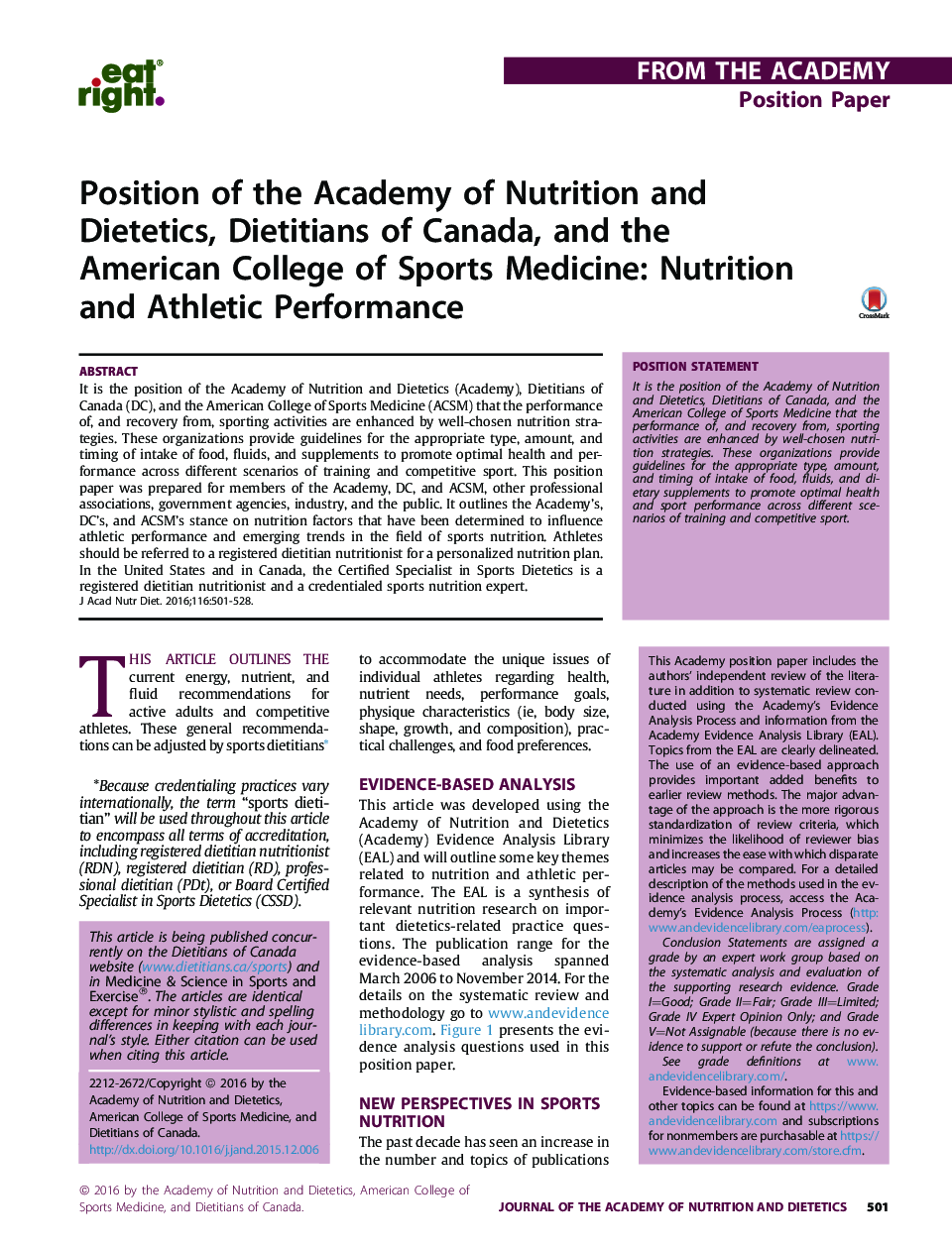 Position of the Academy of Nutrition and Dietetics, Dietitians of Canada, and the American College of Sports Medicine: Nutrition and Athletic Performance 