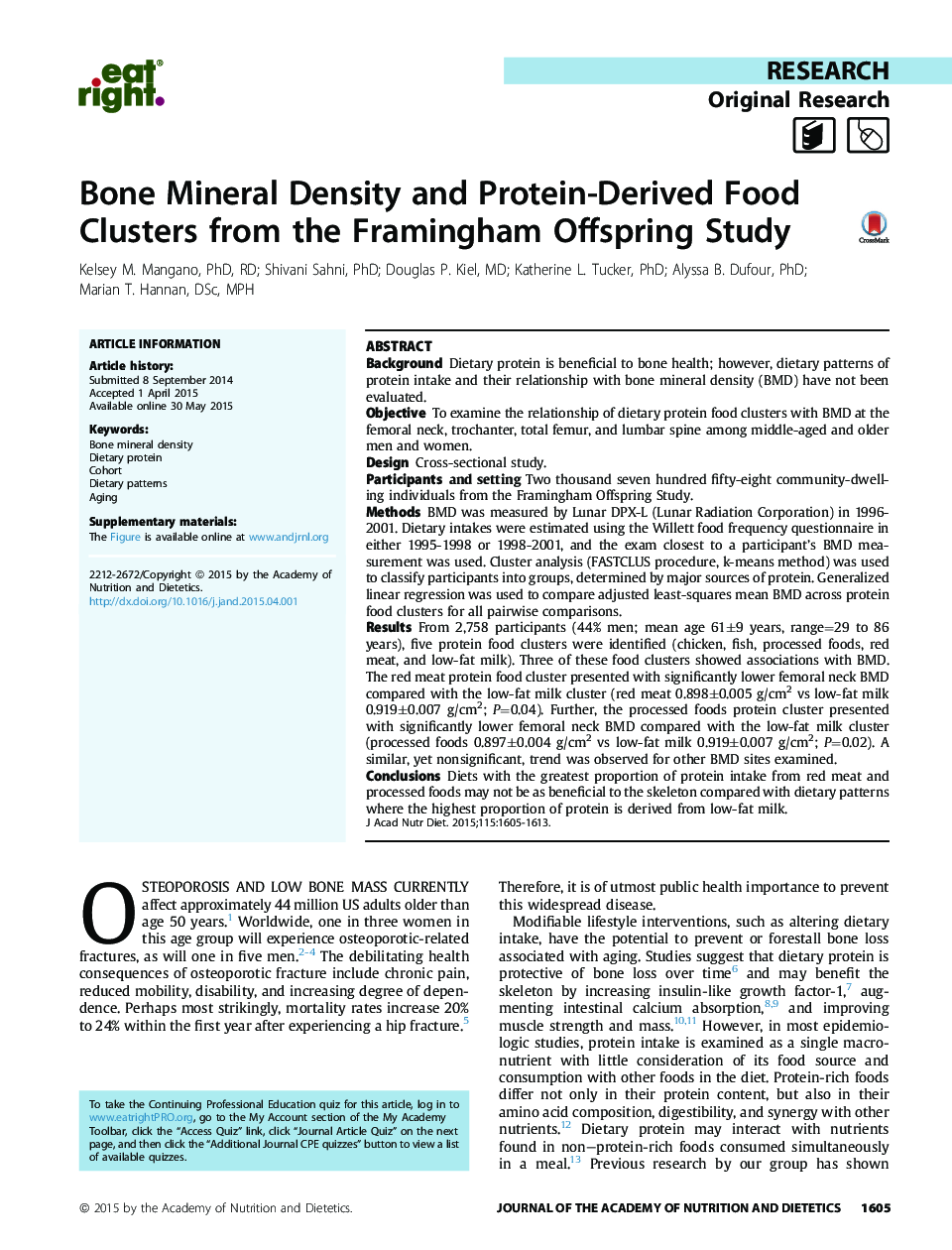 تراکم معدنی استخوان و خوشه های غذایی پروتئینی حاصل از مطالعه فرزندان فریمینگام 