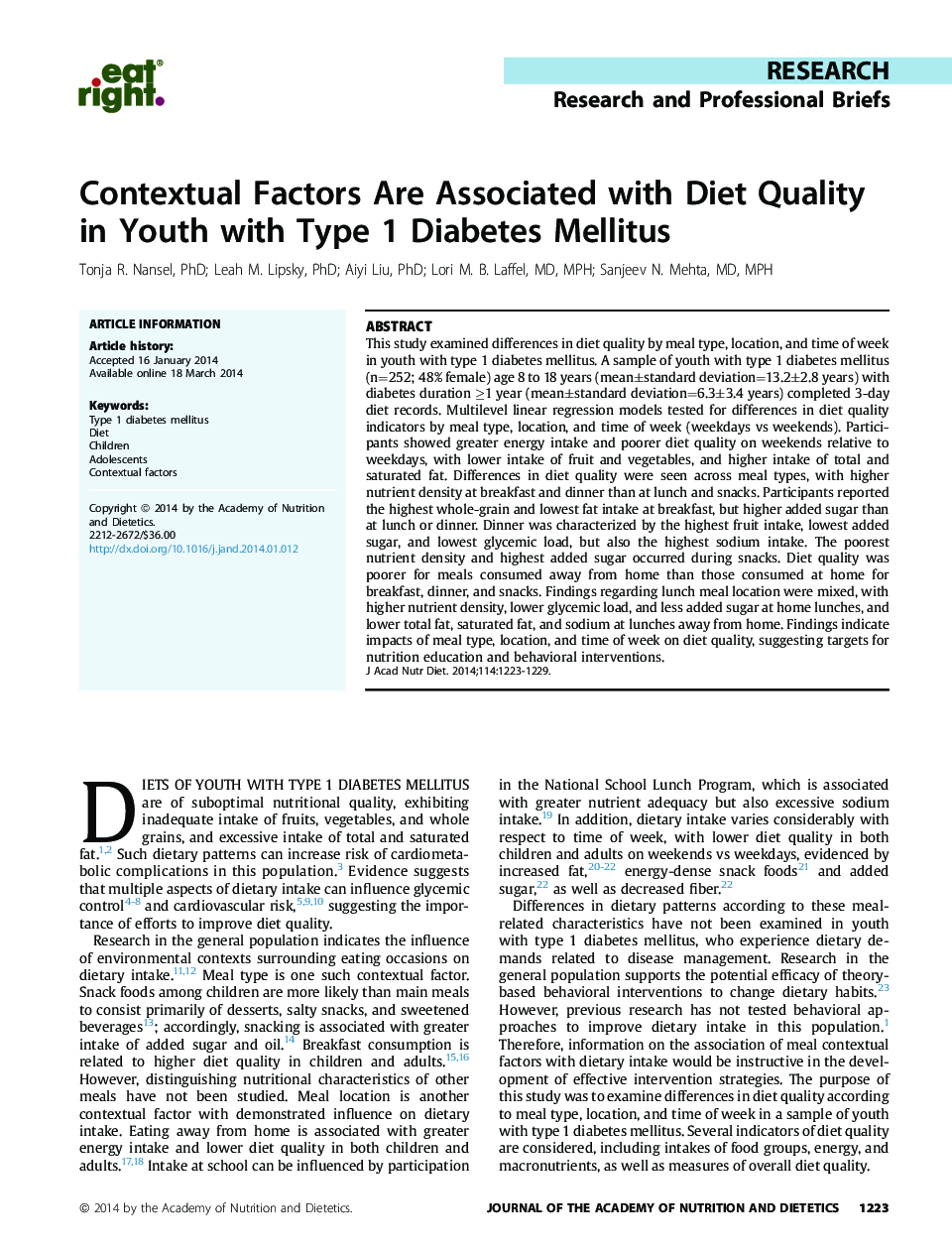 Contextual Factors Are Associated with Diet Quality in Youth with Type 1 Diabetes Mellitus 