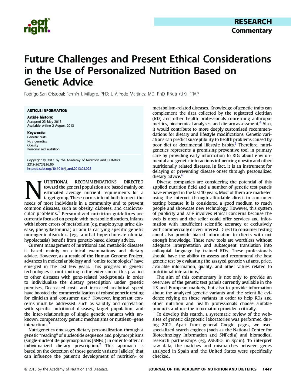 Future Challenges and Present Ethical Considerations in the Use of Personalized Nutrition Based on GeneticÂ Advice