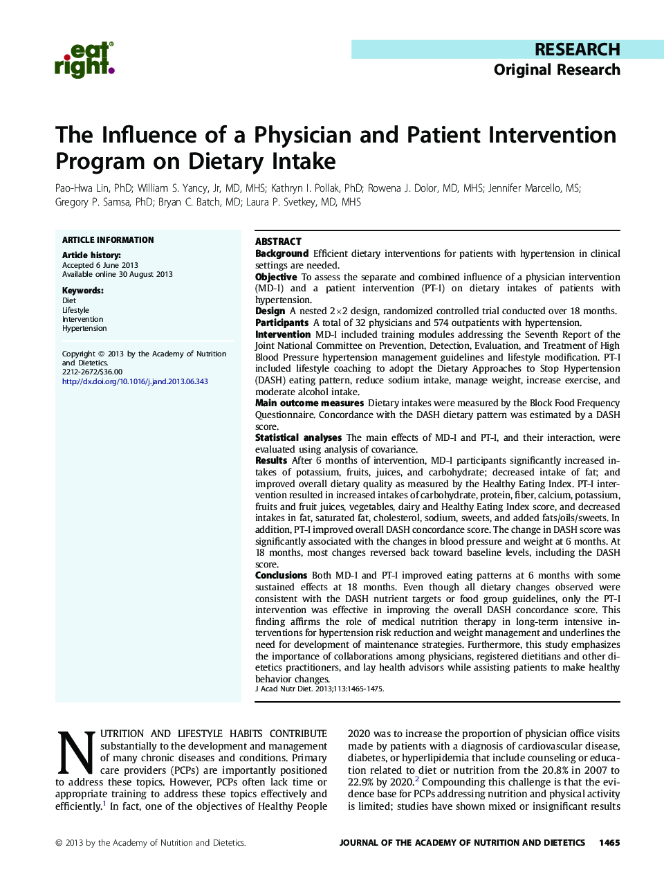 The Influence of a Physician and Patient Intervention Program on Dietary Intake 