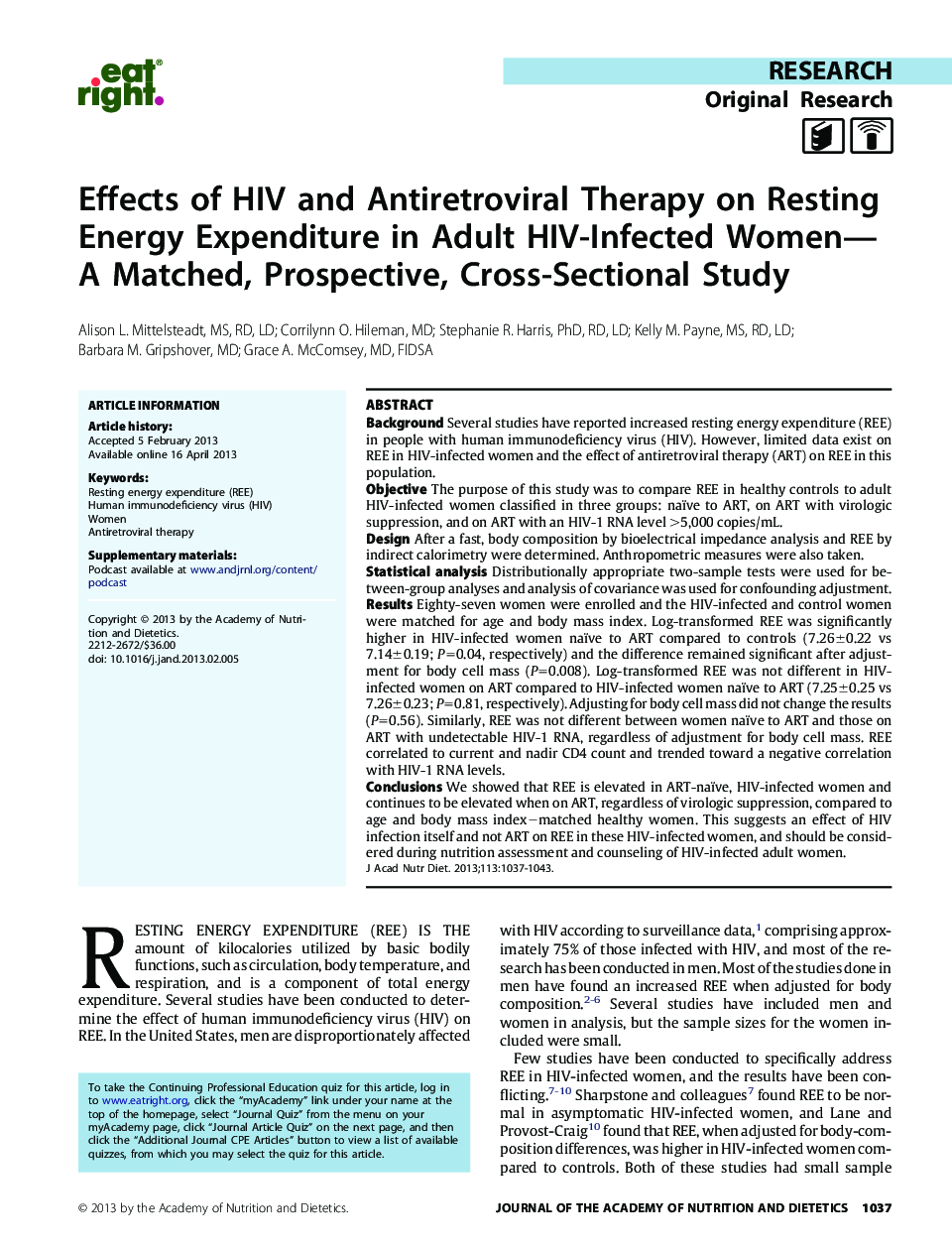 Effects of HIV and Antiretroviral Therapy on Resting Energy Expenditure in Adult HIV-Infected Women—A Matched, Prospective, Cross-Sectional Study 