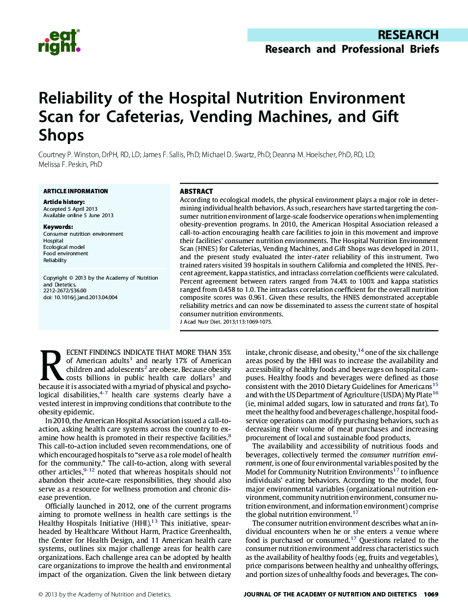 Reliability of the Hospital Nutrition Environment Scan for Cafeterias, Vending Machines, and Gift Shops 