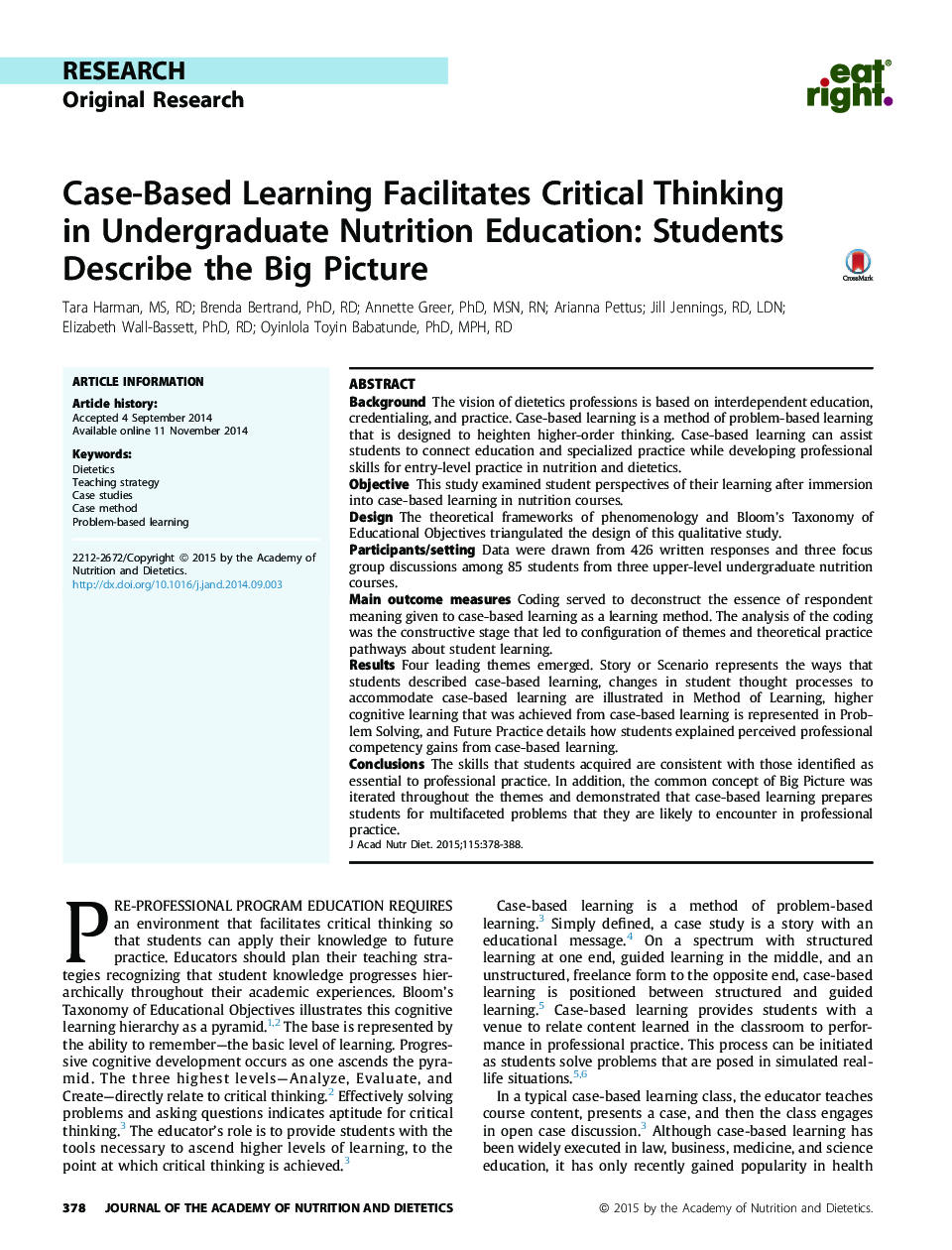 Case-Based Learning Facilitates Critical Thinking in Undergraduate Nutrition Education: Students Describe the Big Picture 