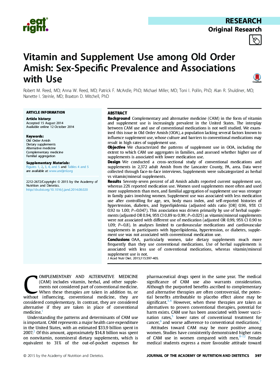 Vitamin and Supplement Use among Old Order Amish: Sex-Specific Prevalence and Associations with Use