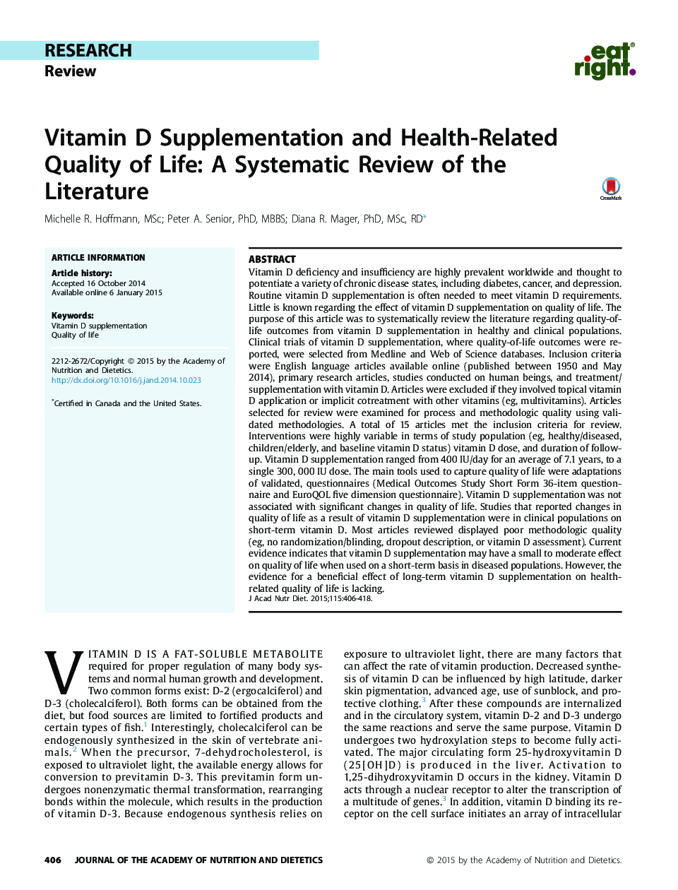 Vitamin D Supplementation and Health-Related Quality of Life: A Systematic Review of the Literature 