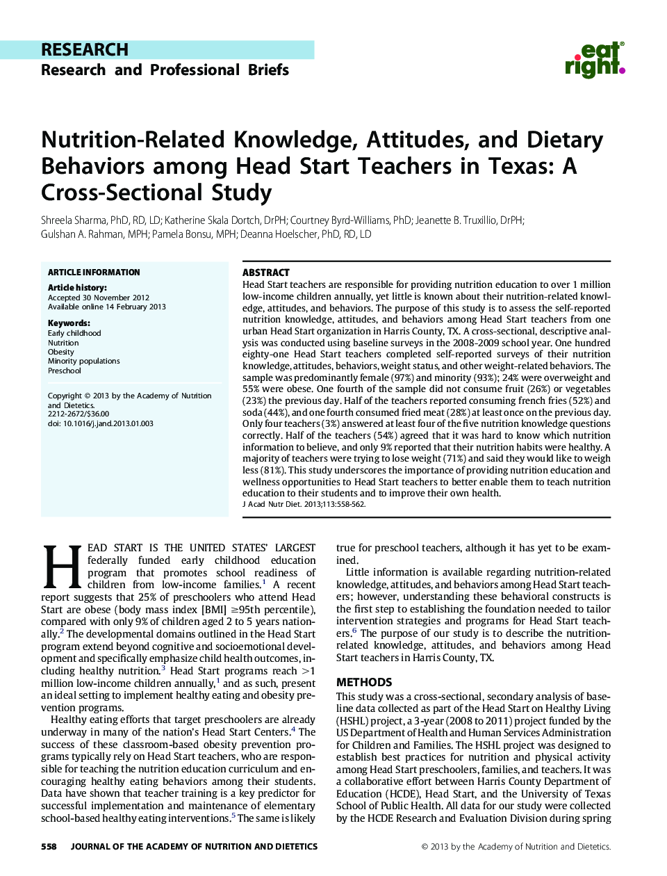 Nutrition-Related Knowledge, Attitudes, and Dietary Behaviors among Head Start Teachers in Texas: A Cross-Sectional Study 