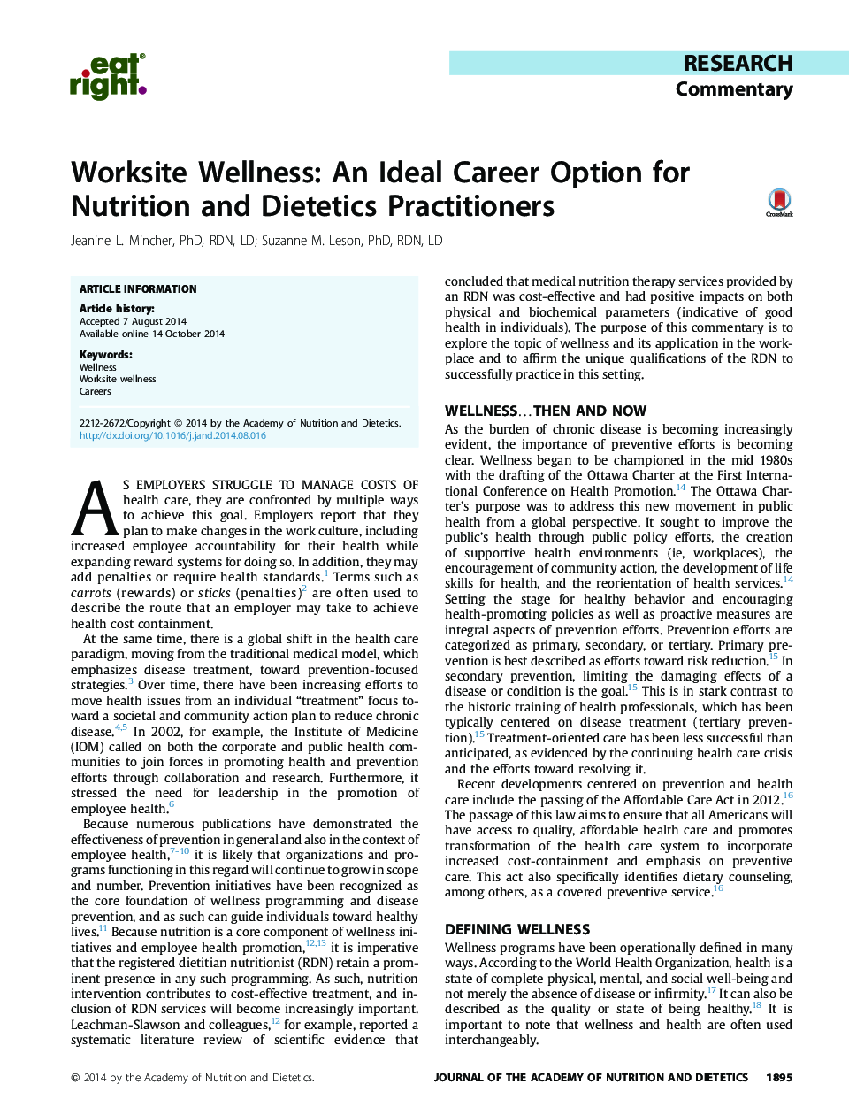 Worksite Wellness: An Ideal Career Option for Nutrition and Dietetics Practitioners