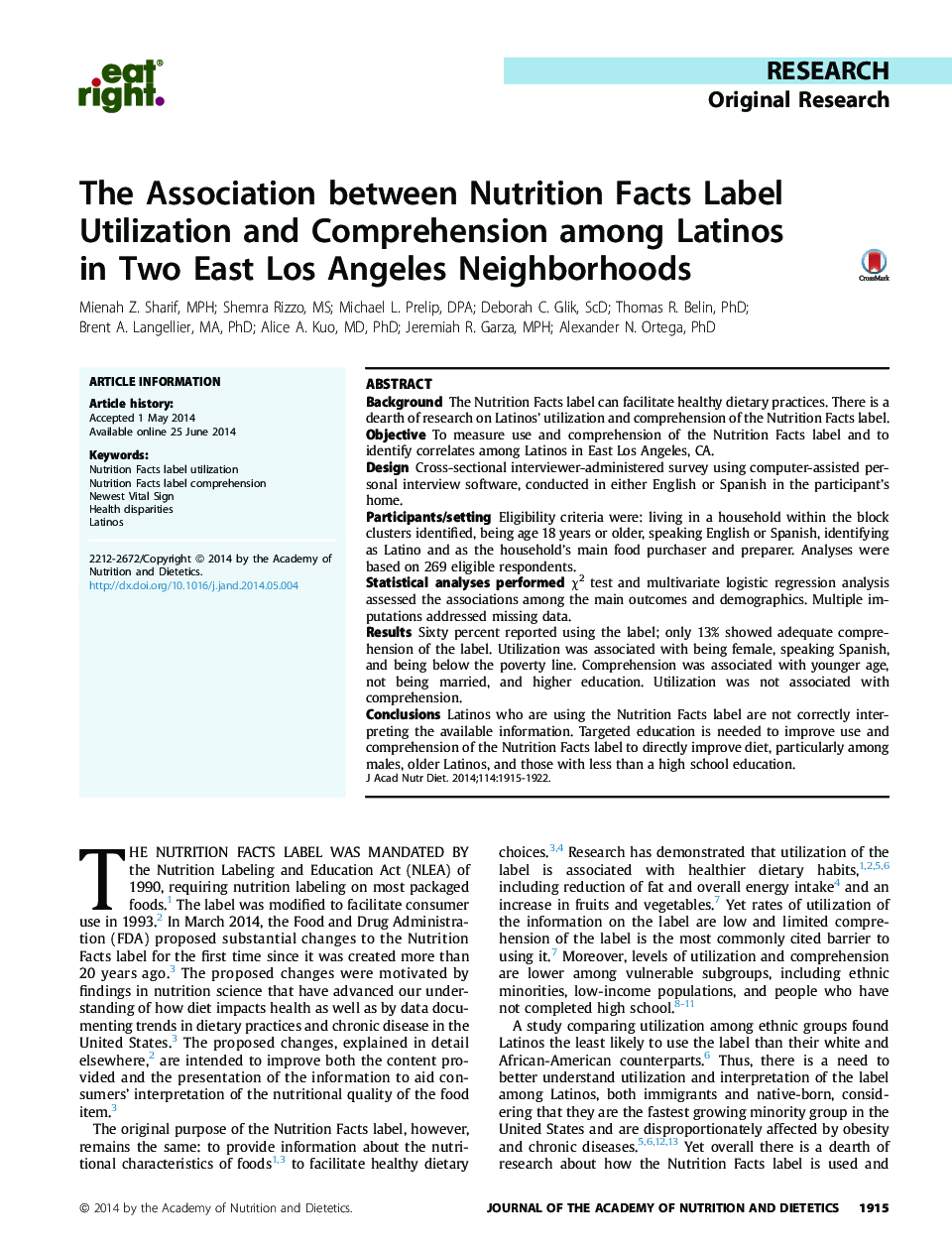 The Association between Nutrition Facts Label Utilization and Comprehension among Latinos in Two East Los Angeles Neighborhoods 