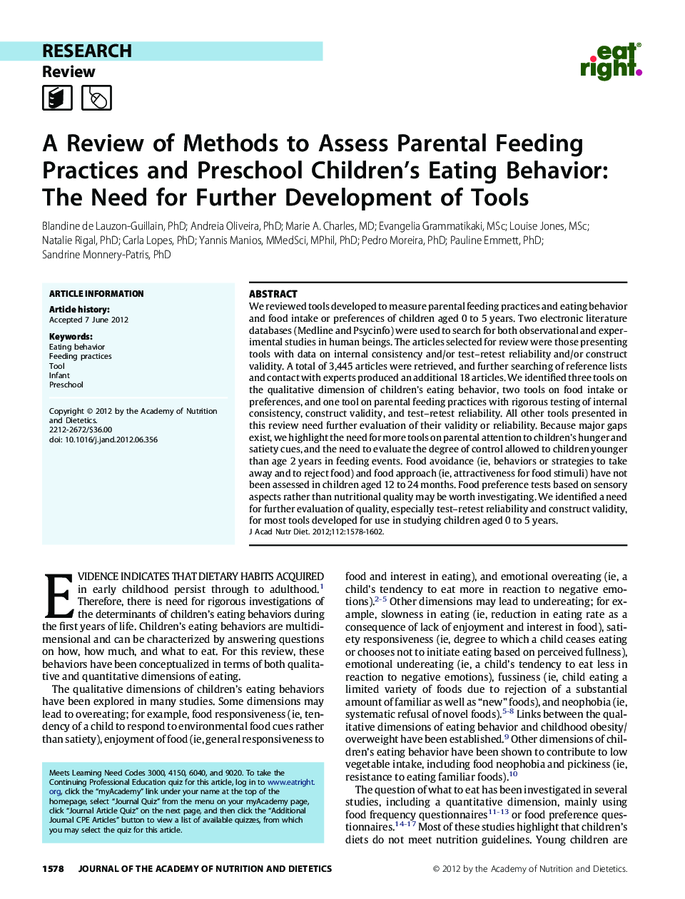 A Review of Methods to Assess Parental Feeding Practices and Preschool Children's Eating Behavior: The Need for Further Development of Tools