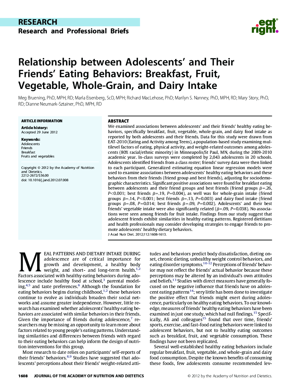 Relationship between Adolescents' and Their Friends' Eating Behaviors: Breakfast, Fruit, Vegetable, Whole-Grain, and Dairy Intake 