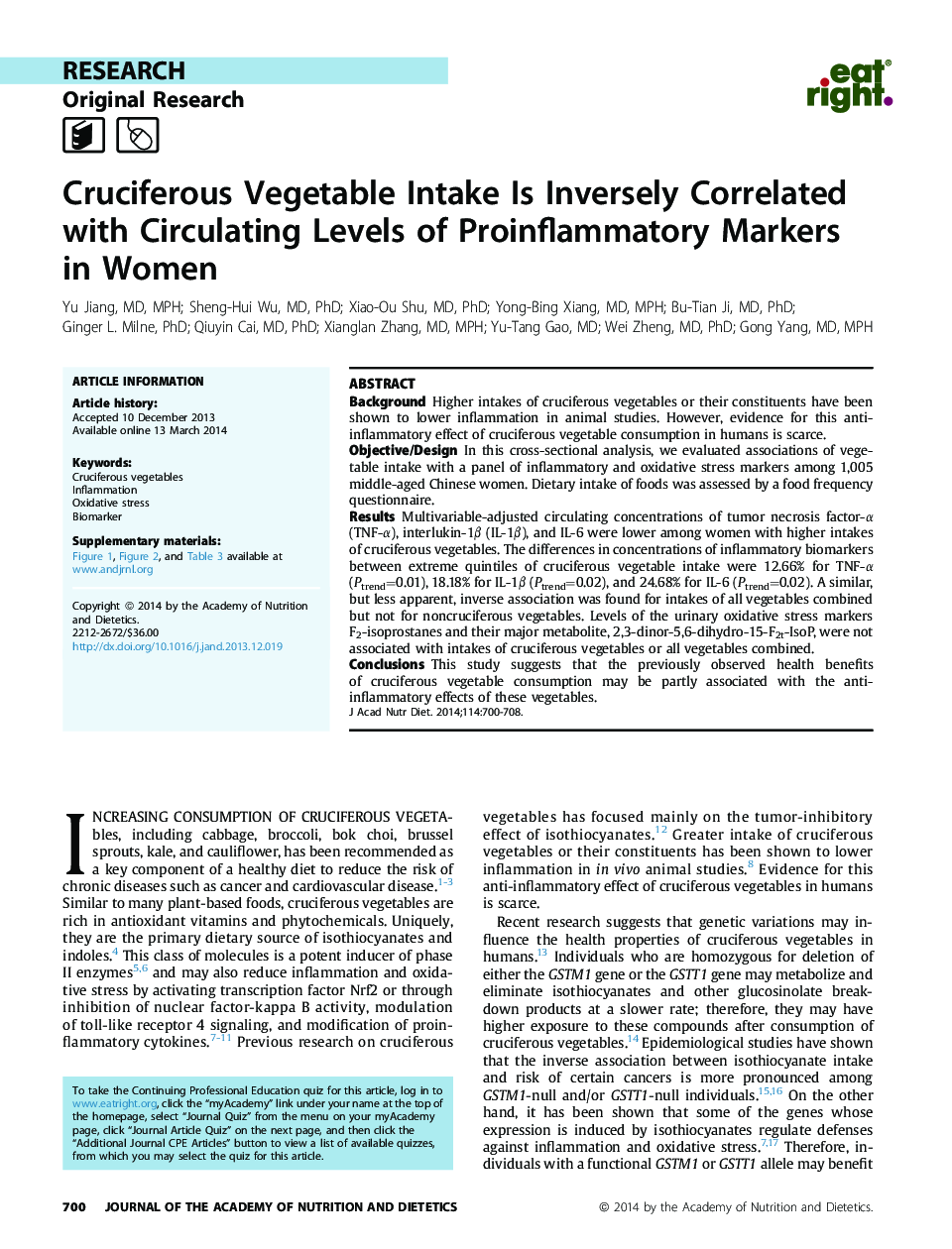 Cruciferous Vegetable Intake Is Inversely Correlated with Circulating Levels of Proinflammatory Markers inÂ Women