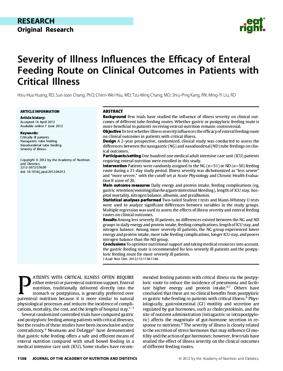 Severity of Illness Influences the Efficacy of Enteral Feeding Route on Clinical Outcomes in Patients with Critical Illness 