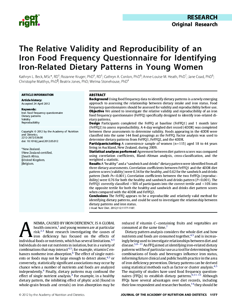 The Relative Validity and Reproducibility of an Iron Food Frequency Questionnaire for Identifying Iron-Related Dietary Patterns in Young Women 