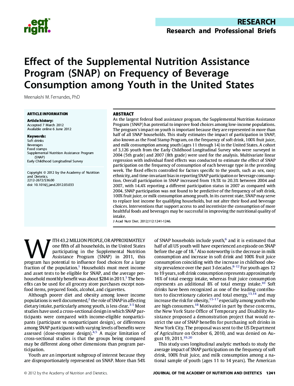 Effect of the Supplemental Nutrition Assistance Program (SNAP) on Frequency of Beverage Consumption among Youth in the United States 