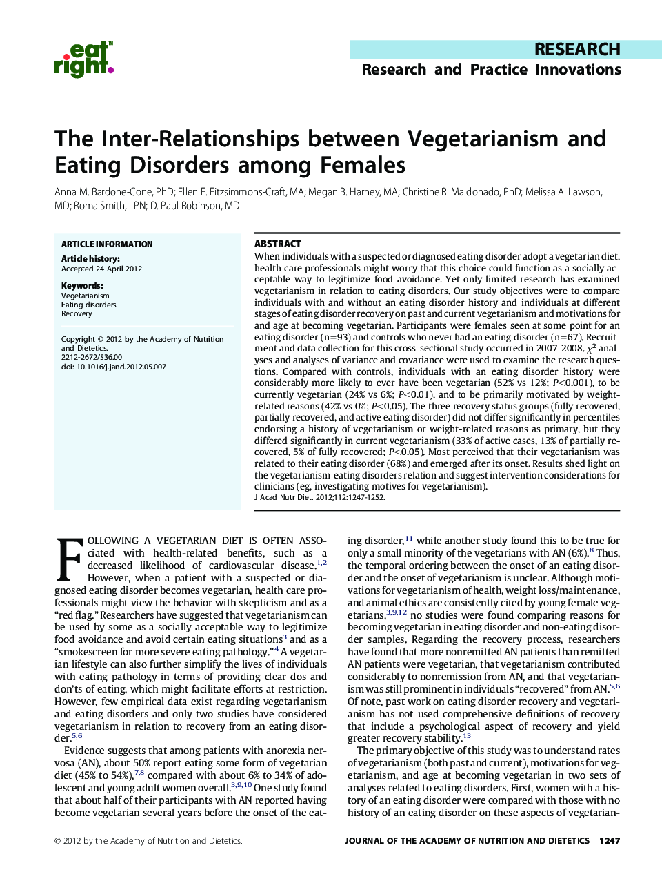 The Inter-Relationships between Vegetarianism and Eating Disorders among Females 
