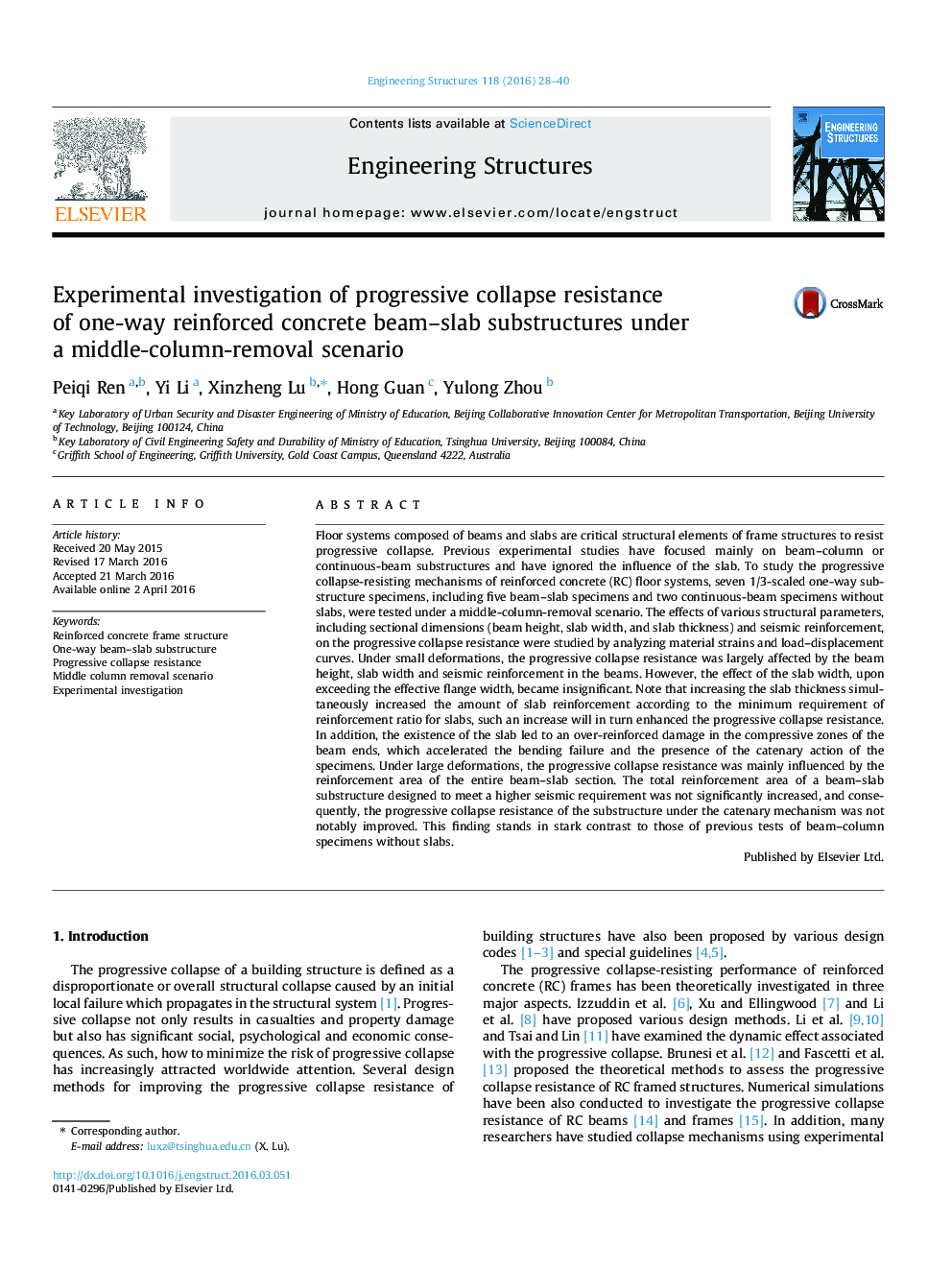 Experimental investigation of progressive collapse resistance of one-way reinforced concrete beam–slab substructures under a middle-column-removal scenario