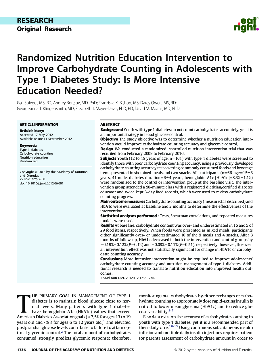 Randomized Nutrition Education Intervention to Improve Carbohydrate Counting in Adolescents with Type 1 Diabetes Study: Is More Intensive Education Needed? 