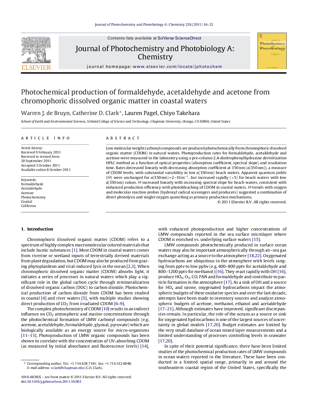 Photochemical production of formaldehyde, acetaldehyde and acetone from chromophoric dissolved organic matter in coastal waters