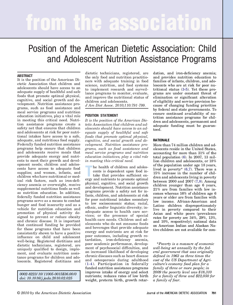 عکس صفحه اول مقاله: Position of the American Dietetic Association: Child and Adolescent Nutrition Assistance Programs Position of the American Dietetic Association: Child and Adolescent Nutrition Assistance Programs