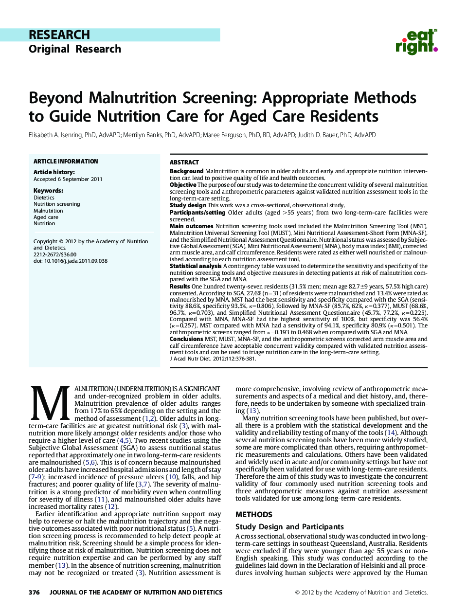 Beyond Malnutrition Screening: Appropriate Methods to Guide Nutrition Care for Aged Care Residents