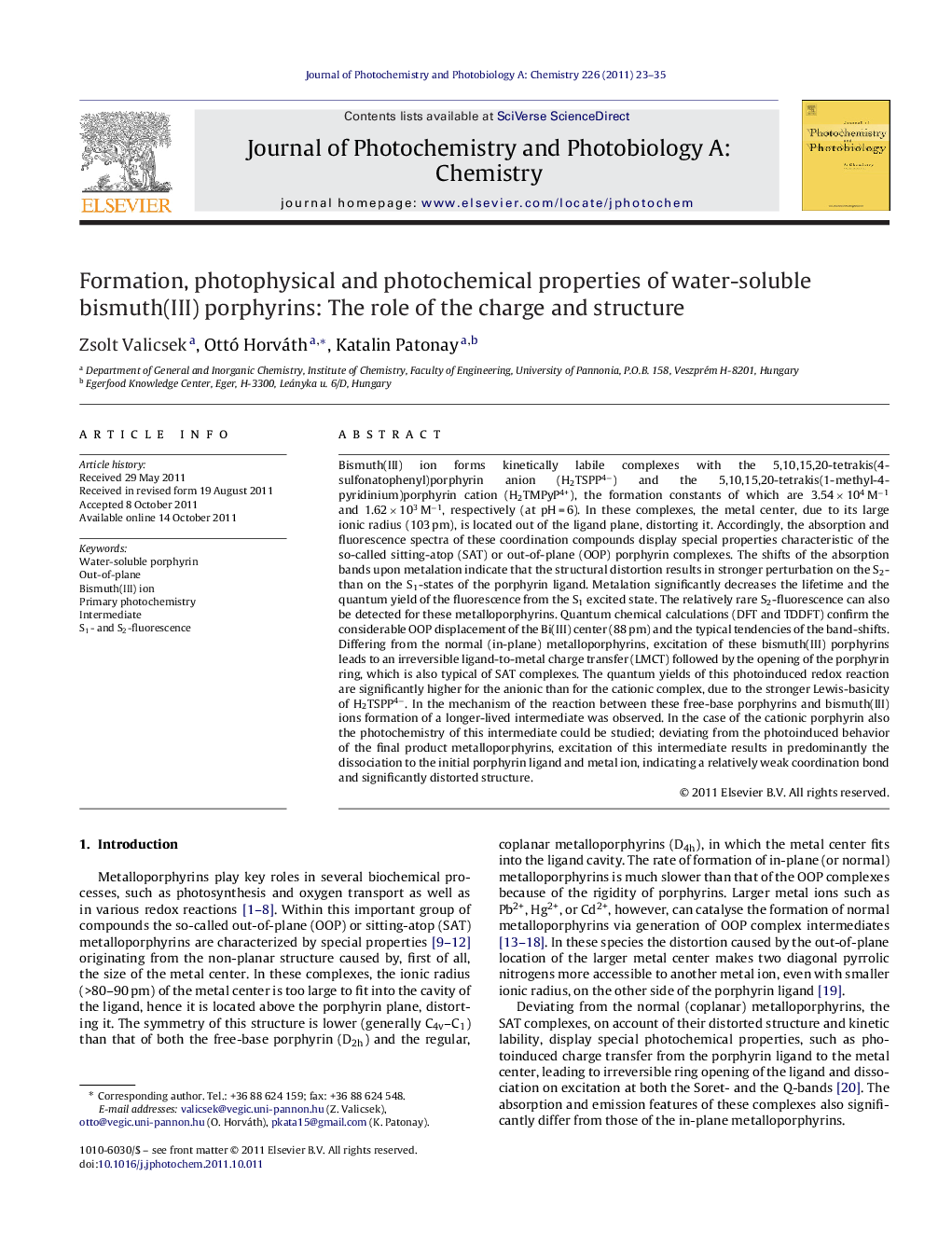 Formation, photophysical and photochemical properties of water-soluble bismuth(III) porphyrins: The role of the charge and structure