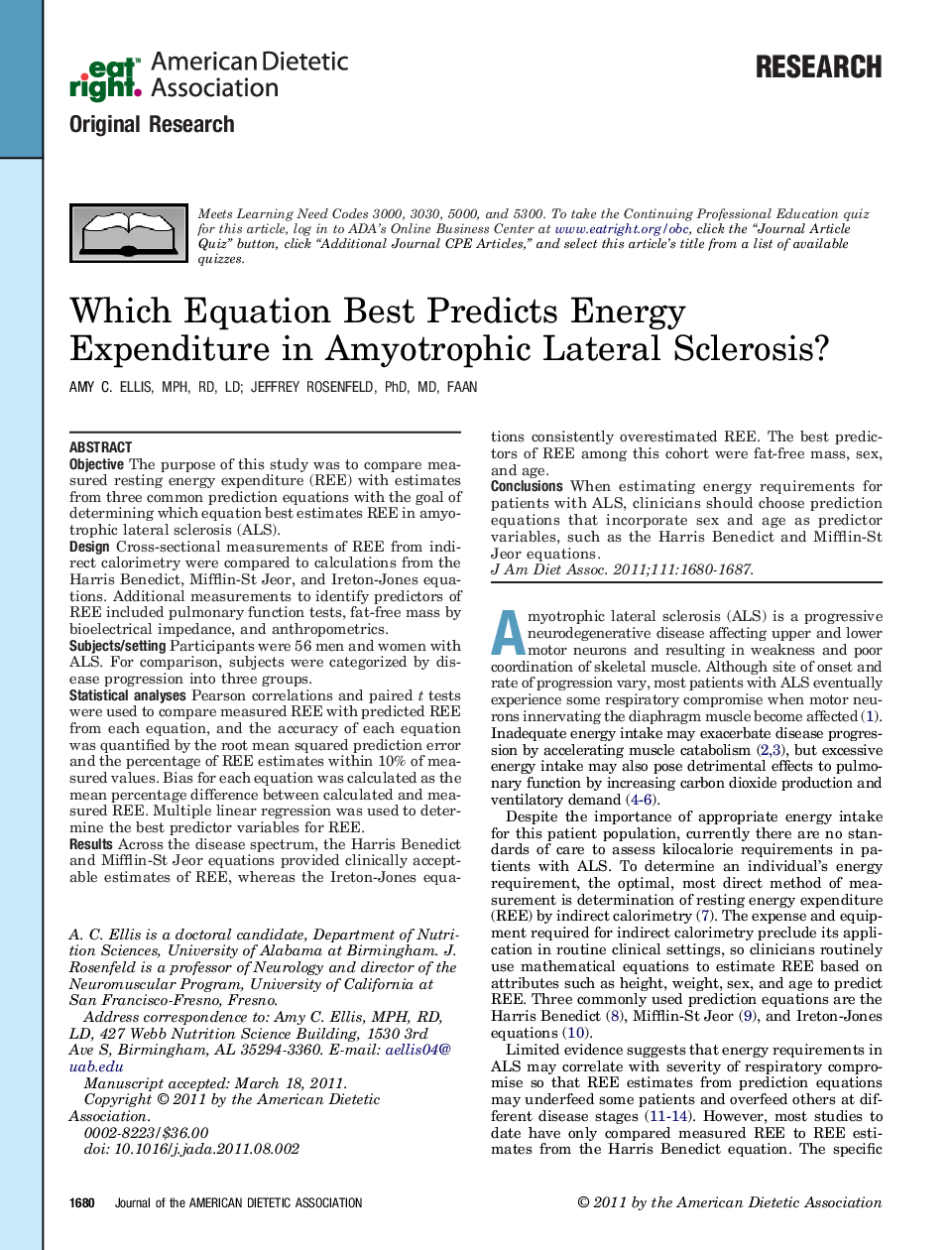 Which Equation Best Predicts Energy Expenditure in Amyotrophic Lateral Sclerosis? 