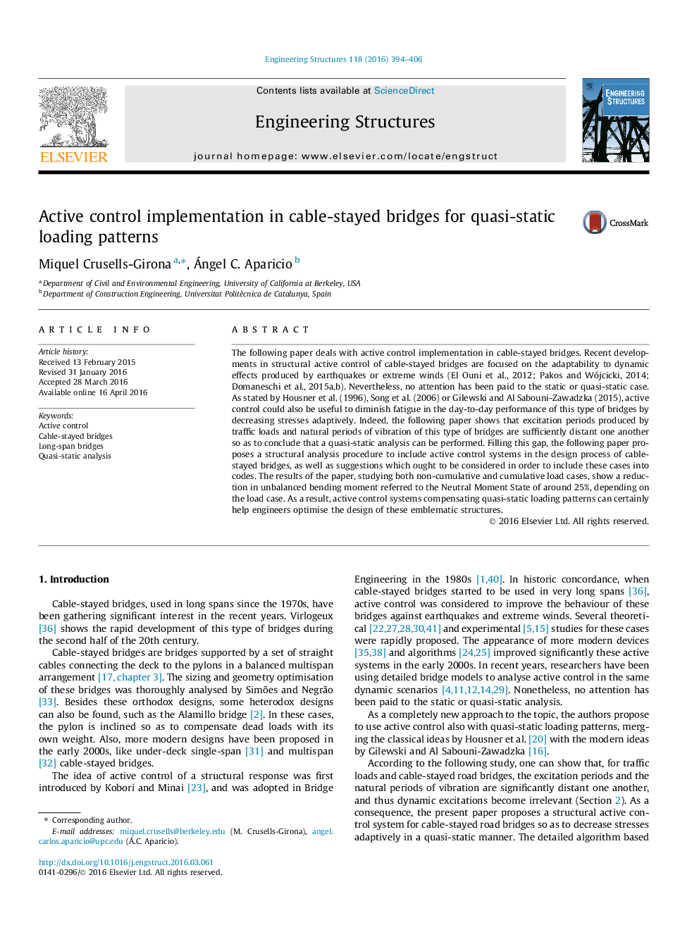 Active control implementation in cable-stayed bridges for quasi-static loading patterns