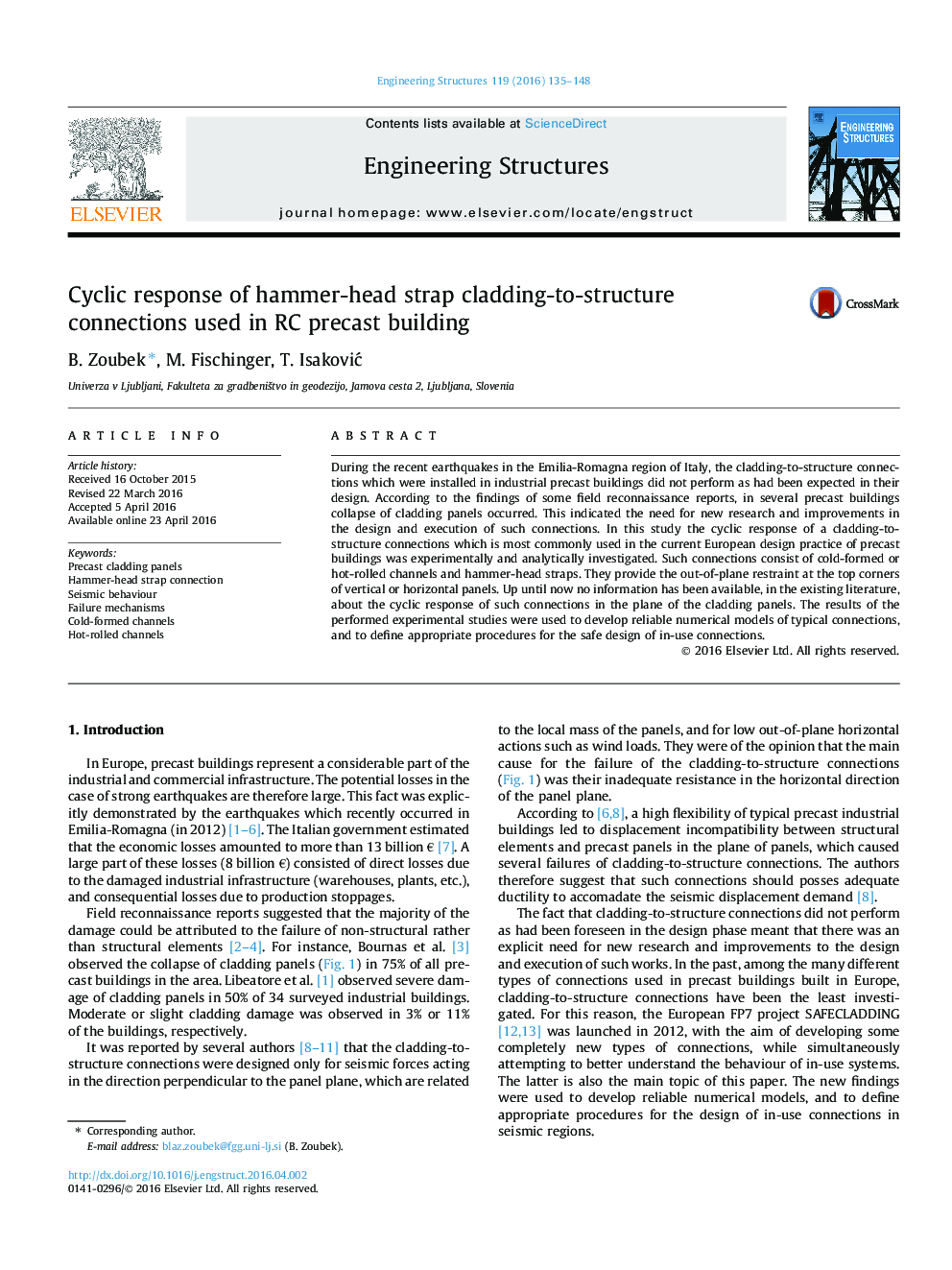 Cyclic response of hammer-head strap cladding-to-structure connections used in RC precast building