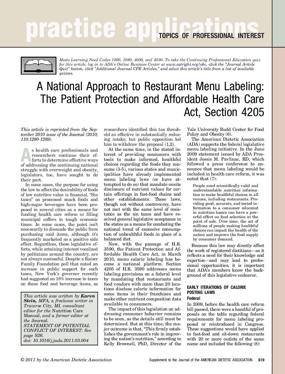 عکس صفحه اول مقاله: A National Approach to Restaurant Menu Labeling: The Patient Protection and Affordable Health Care Act, Section 4205 A National Approach to Restaurant Menu Labeling: The Patient Protection and Affordable Health Care Act, Section 4205