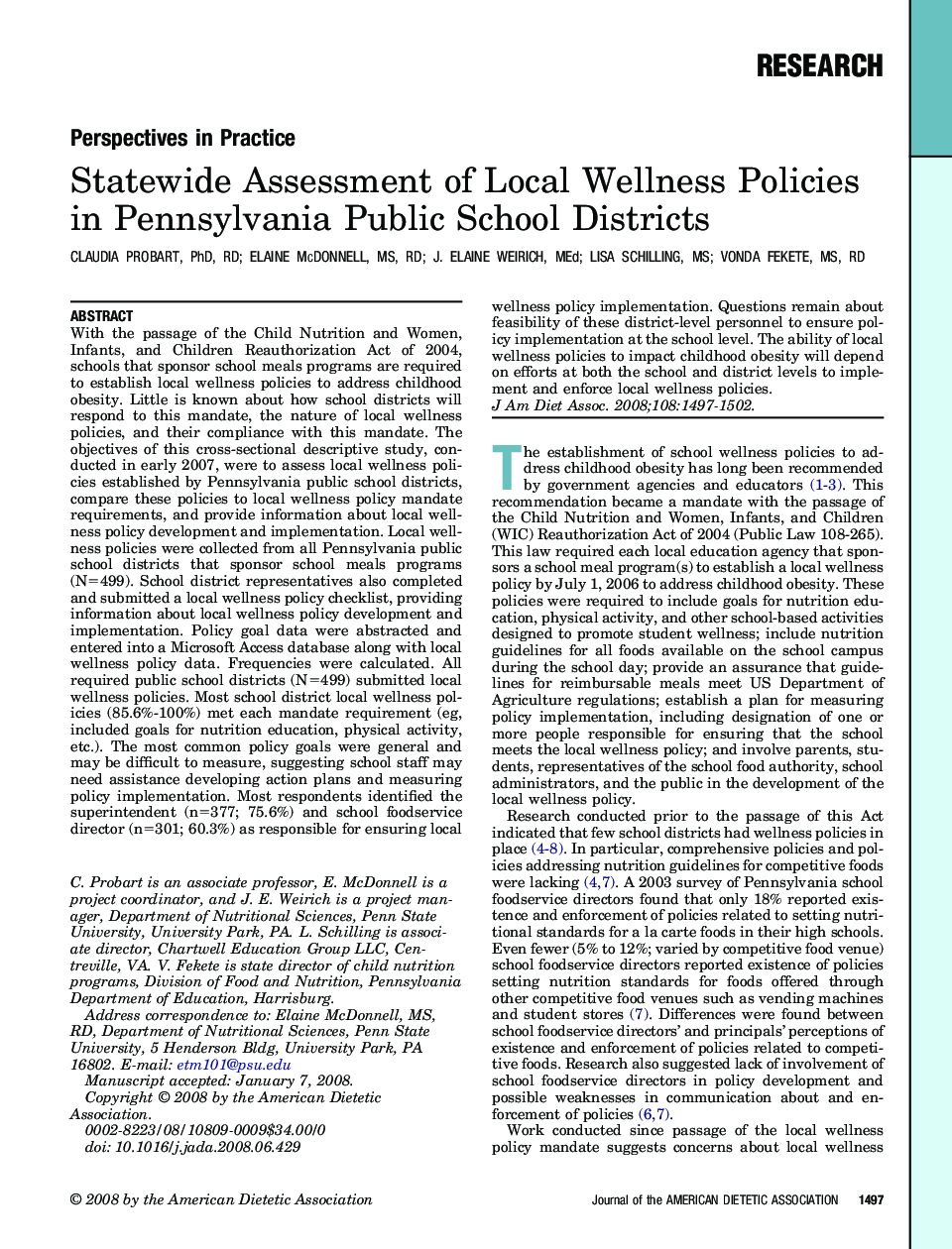 Statewide Assessment of Local Wellness Policies in Pennsylvania Public School Districts