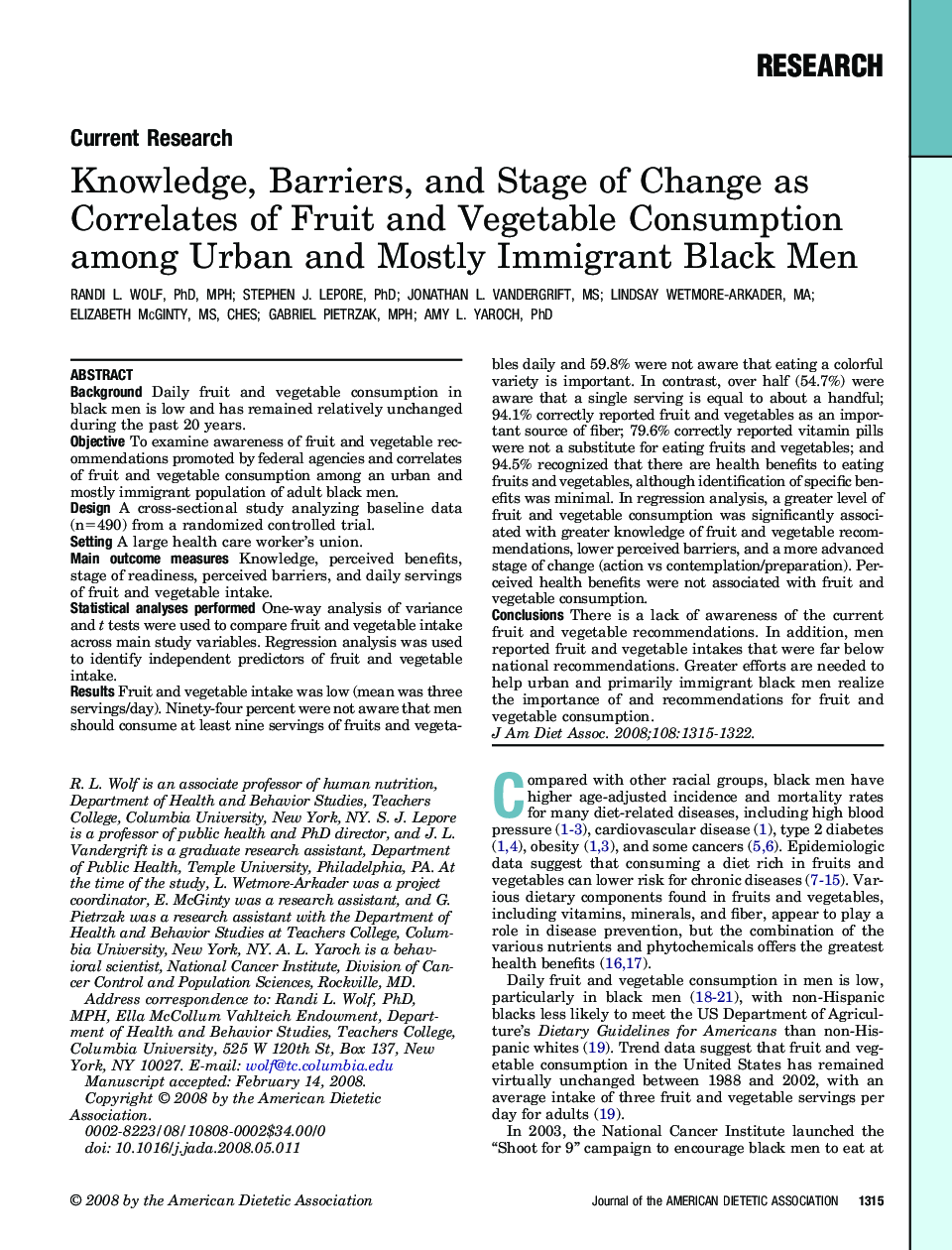 Knowledge, Barriers, and Stage of Change as Correlates of Fruit and Vegetable Consumption among Urban and Mostly Immigrant Black Men