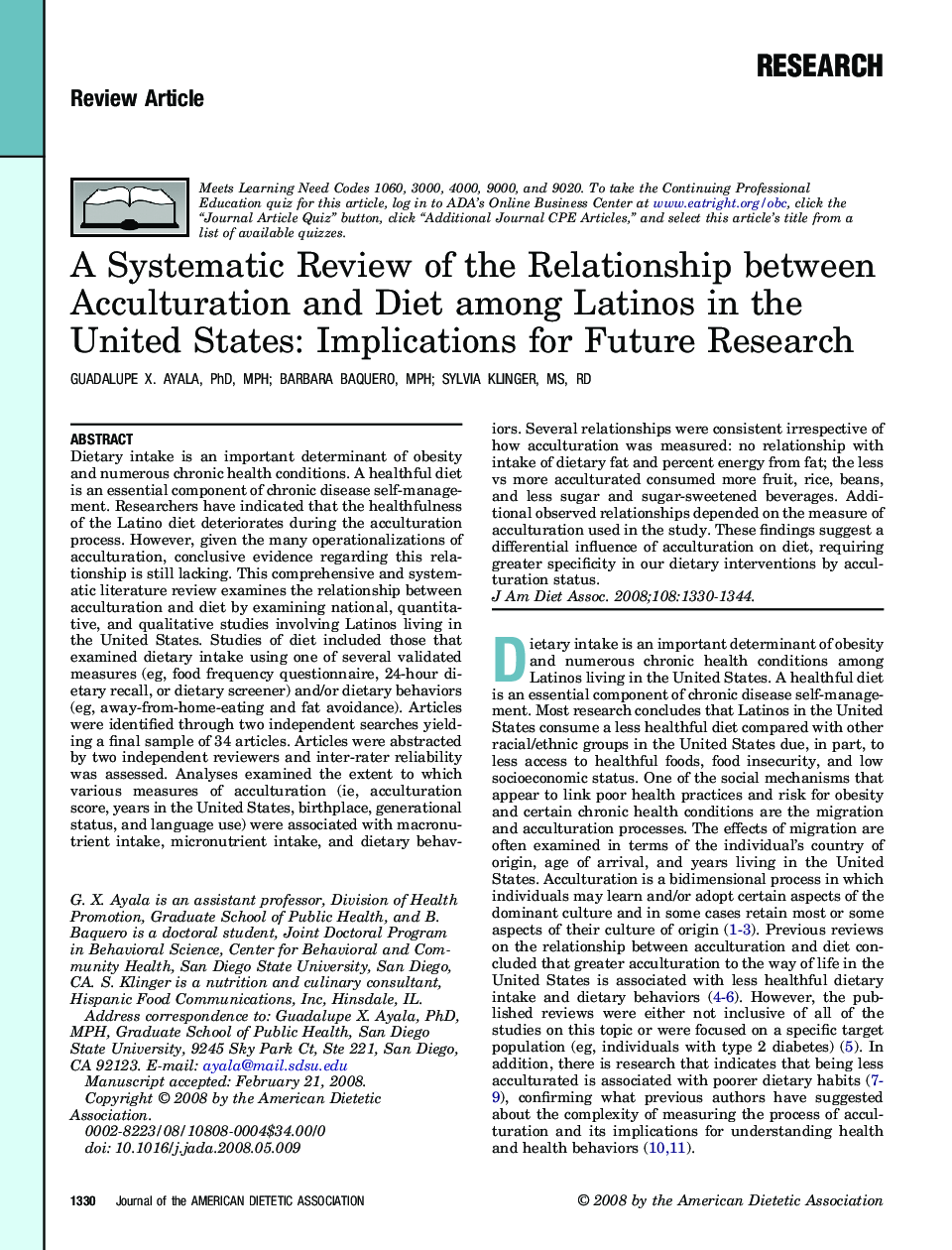 A Systematic Review of the Relationship between Acculturation and Diet among Latinos in the United States: Implications for Future Research