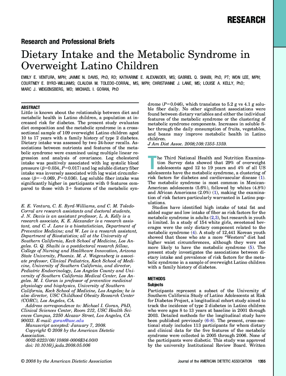 Dietary Intake and the Metabolic Syndrome in Overweight Latino Children