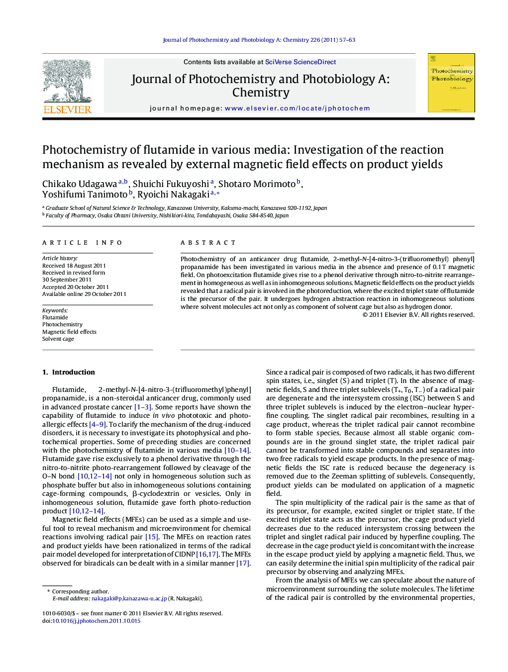 Photochemistry of flutamide in various media: Investigation of the reaction mechanism as revealed by external magnetic field effects on product yields