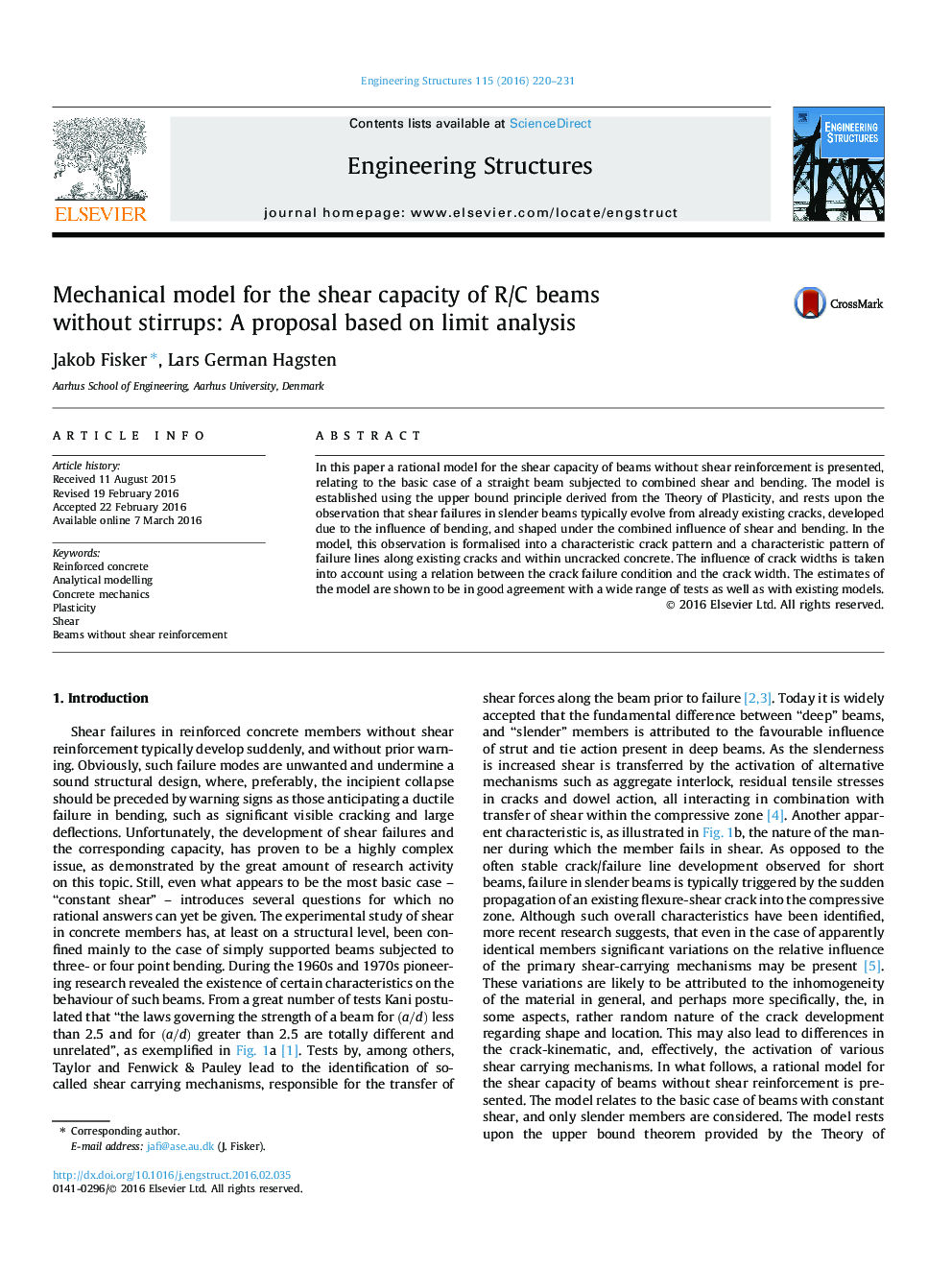 Mechanical model for the shear capacity of R/C beams without stirrups: A proposal based on limit analysis