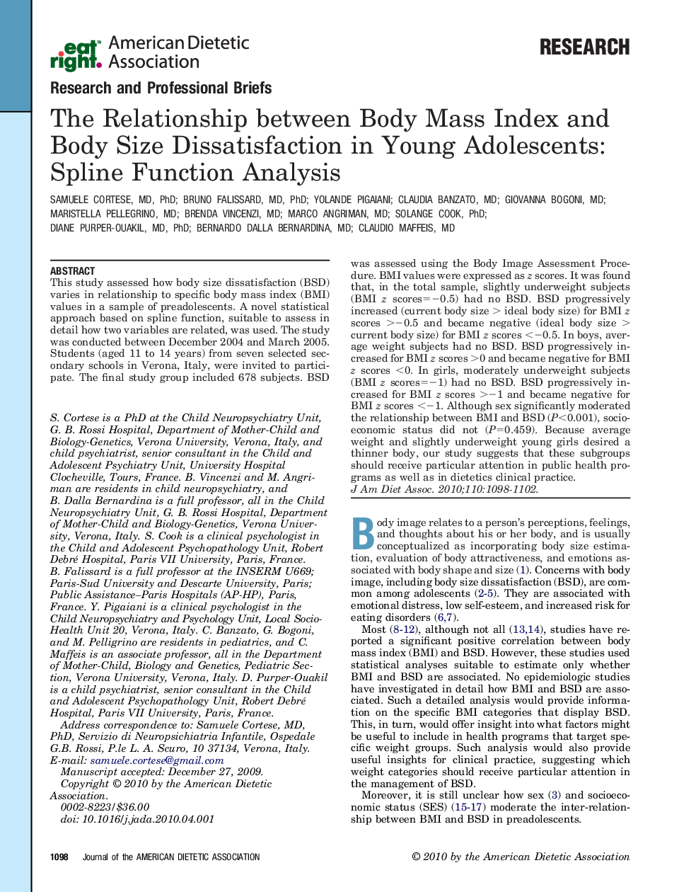 عکس صفحه اول مقاله: The Relationship between Body Mass Index and Body Size Dissatisfaction in Young Adolescents: Spline Function Analysis The Relationship between Body Mass Index and Body Size Dissatisfaction in Young Adolescents: Spline Function Analysis