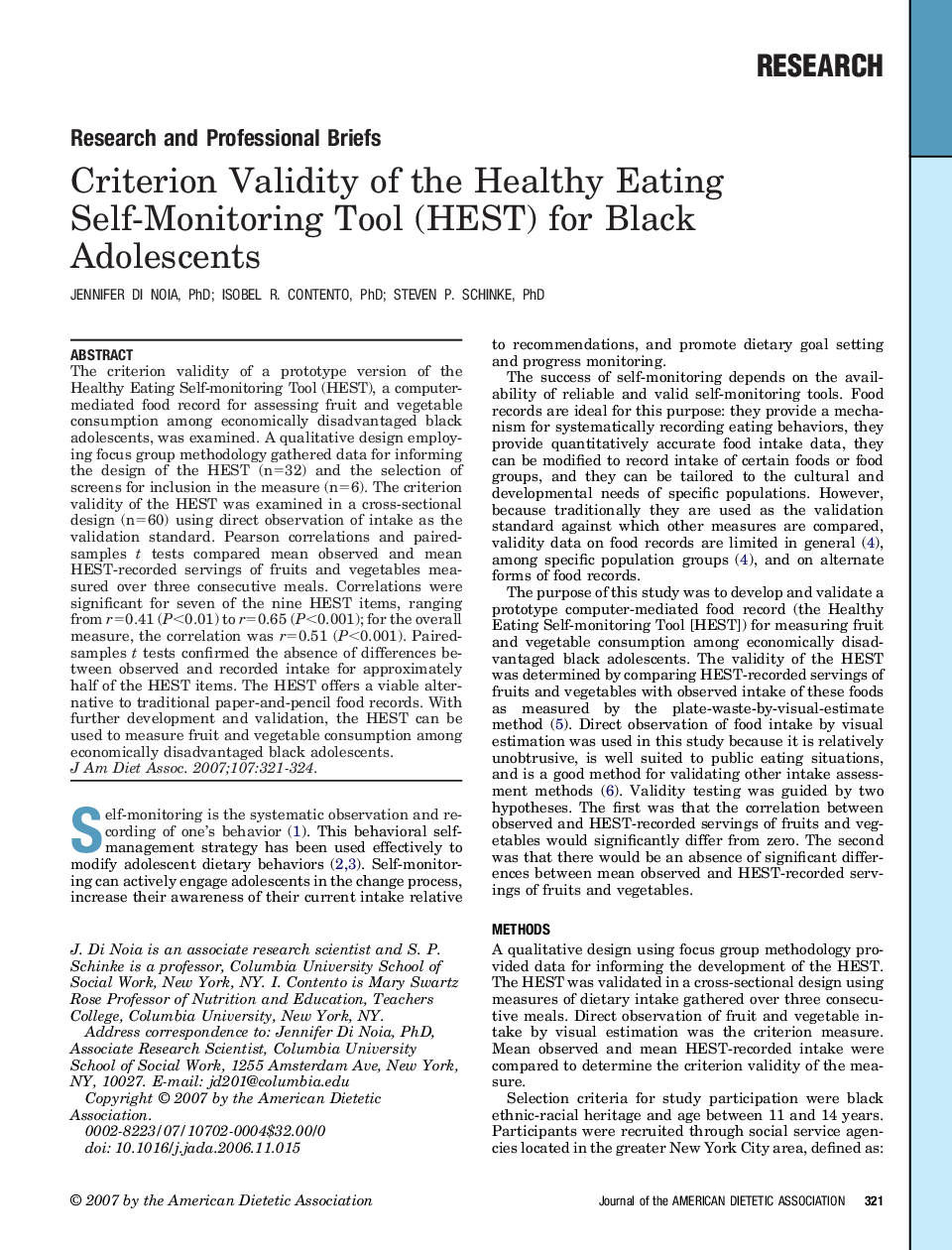 عکس صفحه اول مقاله: Criterion Validity of the Healthy Eating Self-Monitoring Tool (HEST) for Black Adolescents Criterion Validity of the Healthy Eating Self-Monitoring Tool (HEST) for Black Adolescents