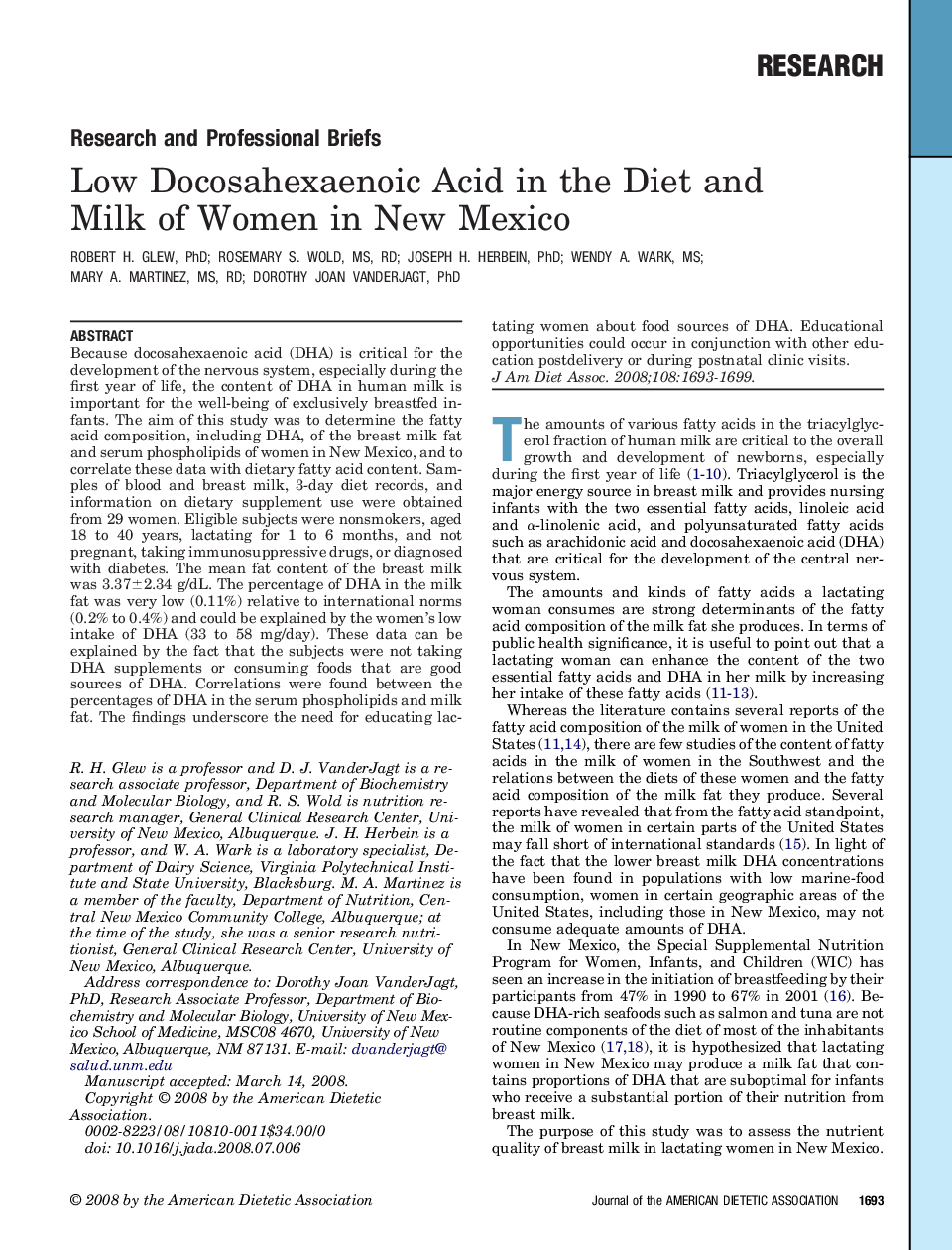 Low Docosahexaenoic Acid in the Diet and Milk of Women in New Mexico