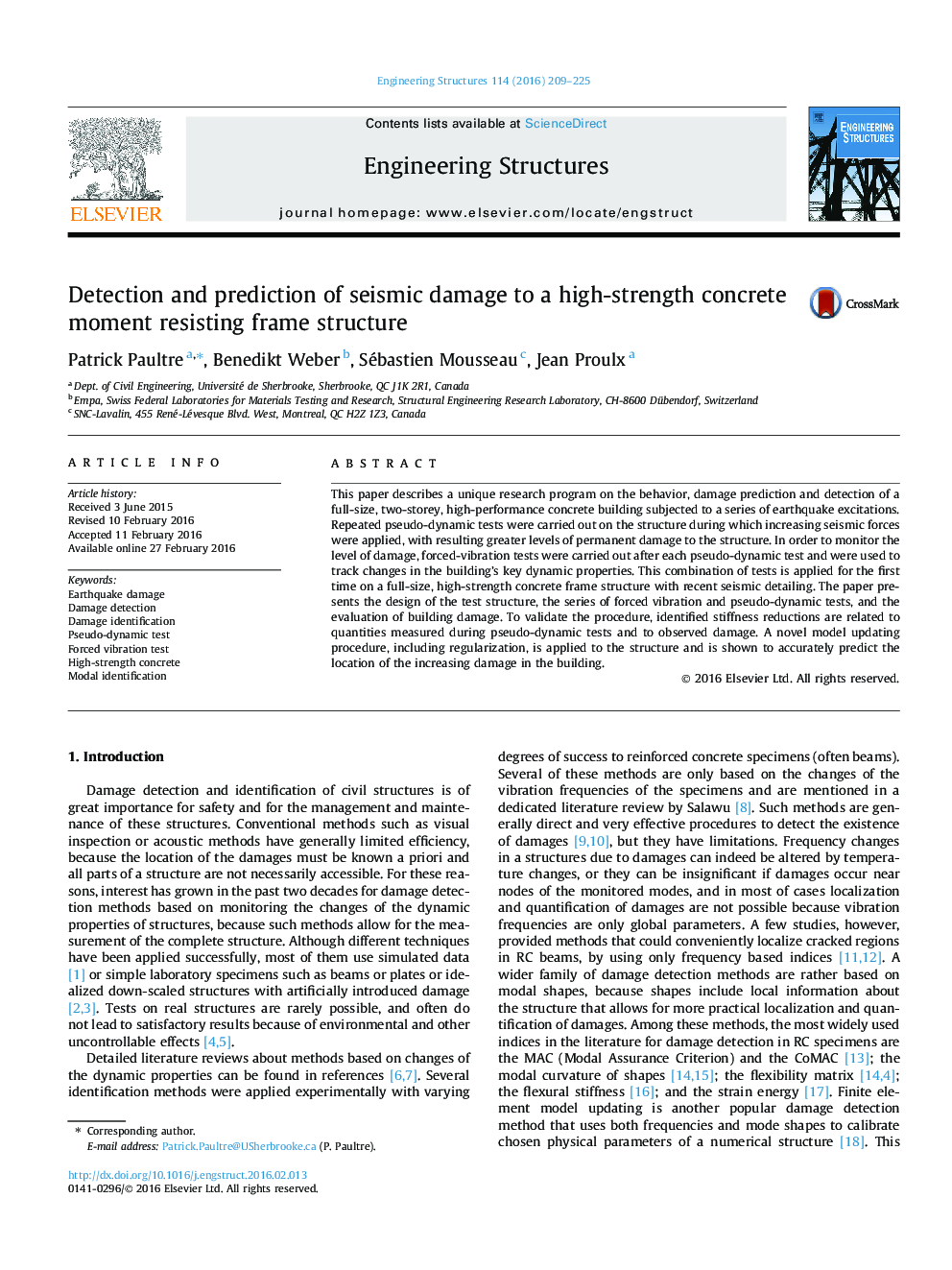 Detection and prediction of seismic damage to a high-strength concrete moment resisting frame structure